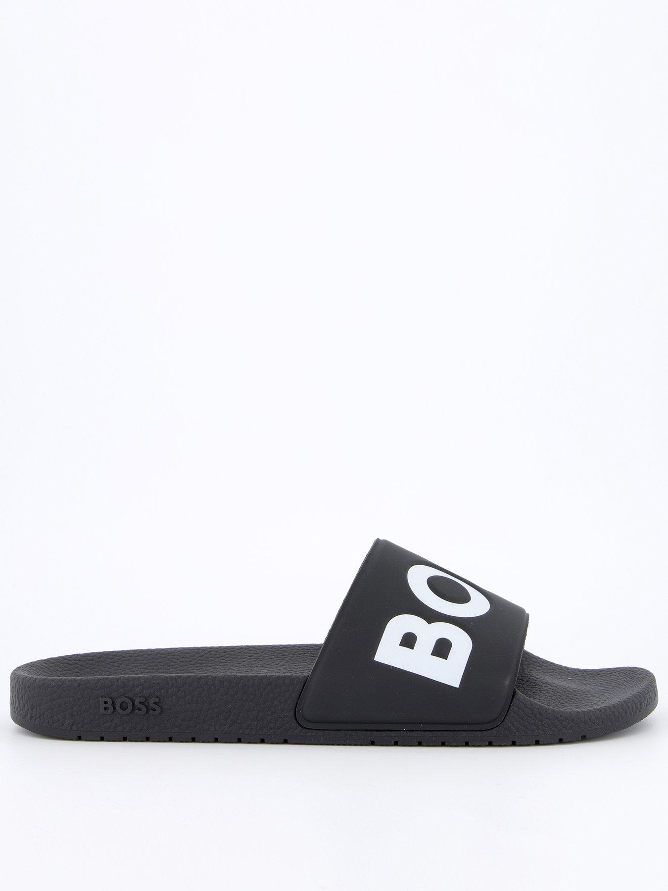 Image 2 of 6 of BOSS Mens Contrast Logo Slip-On Textured Footbed Sliders - Black