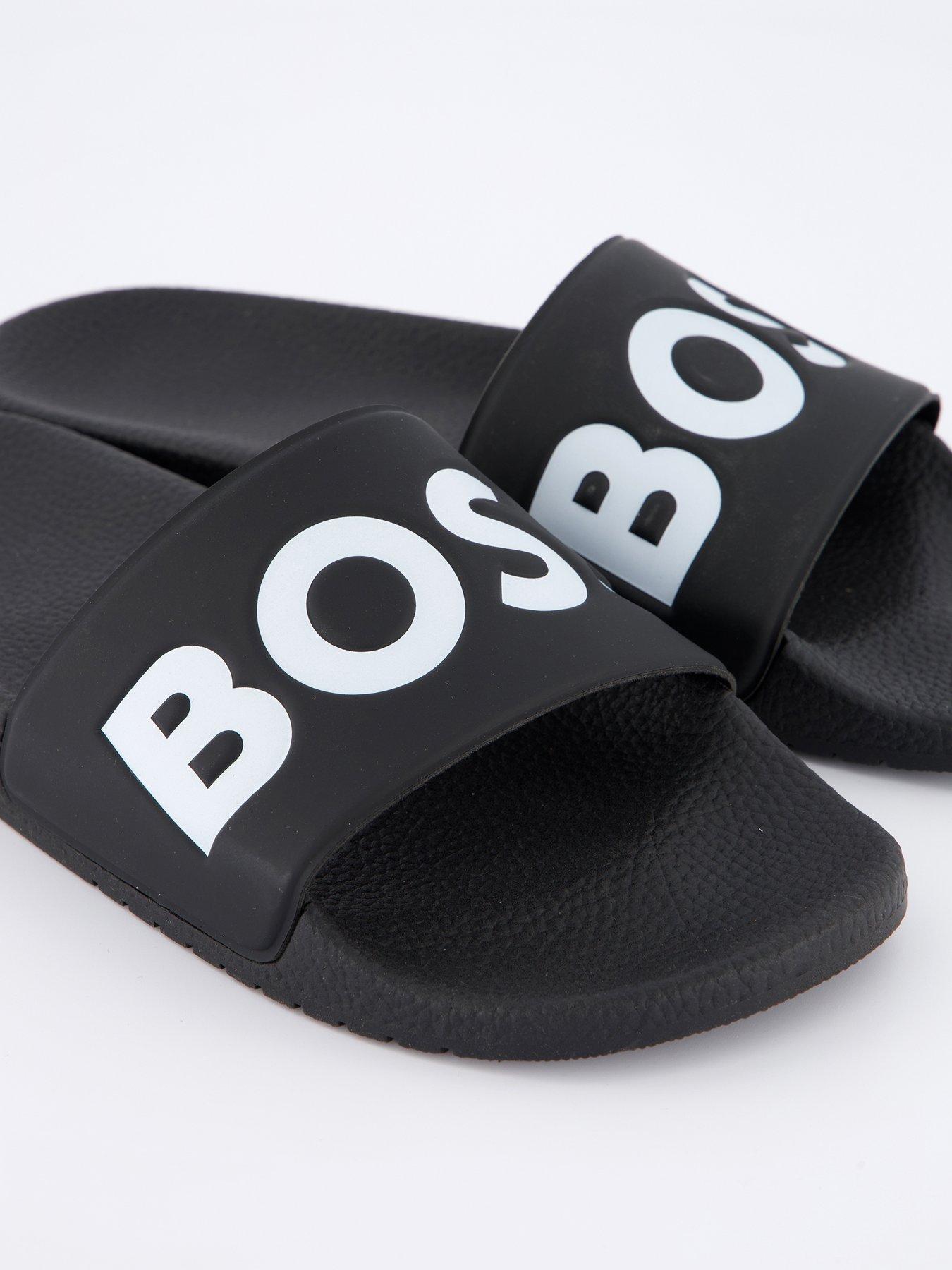 Image 5 of 6 of BOSS Mens Contrast Logo Slip-On Textured Footbed Sliders - Black