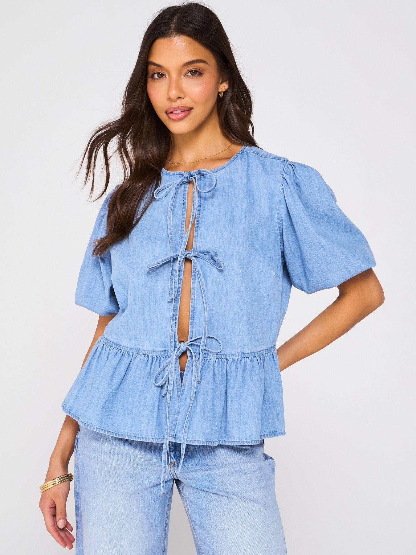 V by Very Denim Tie Front Top - Light Wash
