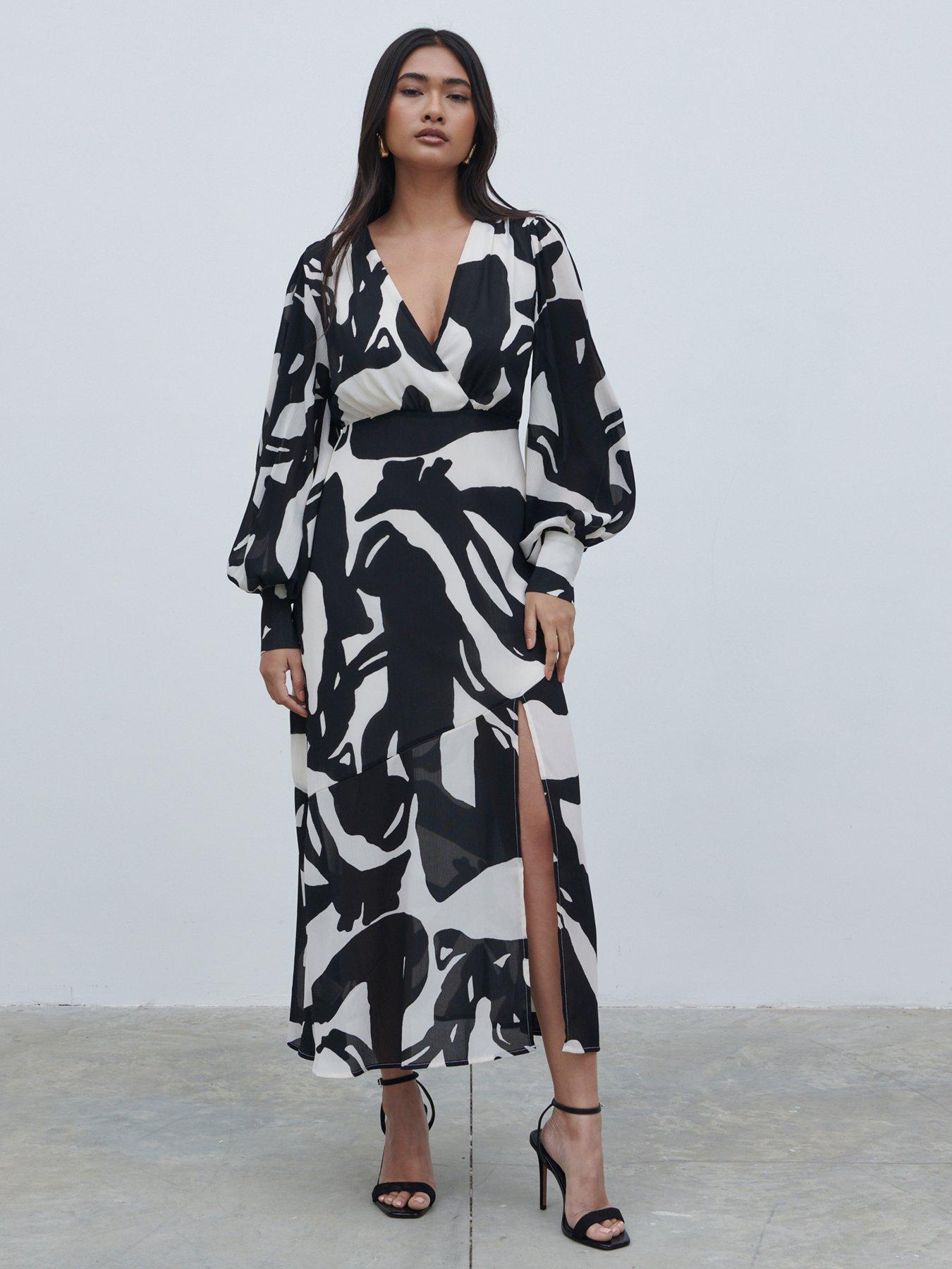 Pretty Lavish Printed Balloon Sleeve Dress - Black  &  White - Multi