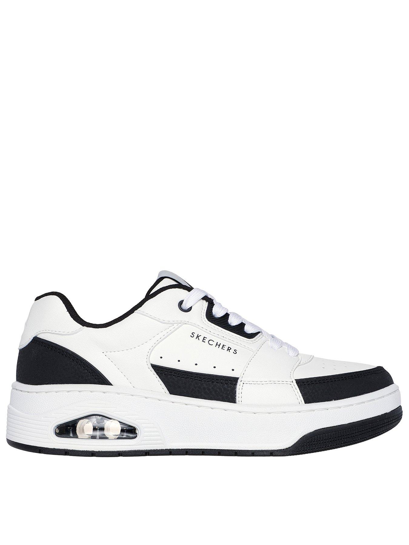Image 1 of 5 of Skechers Uno Court Embossed Leather Lace Up Court Trainer - White Leather/ Duraleather Black Trim