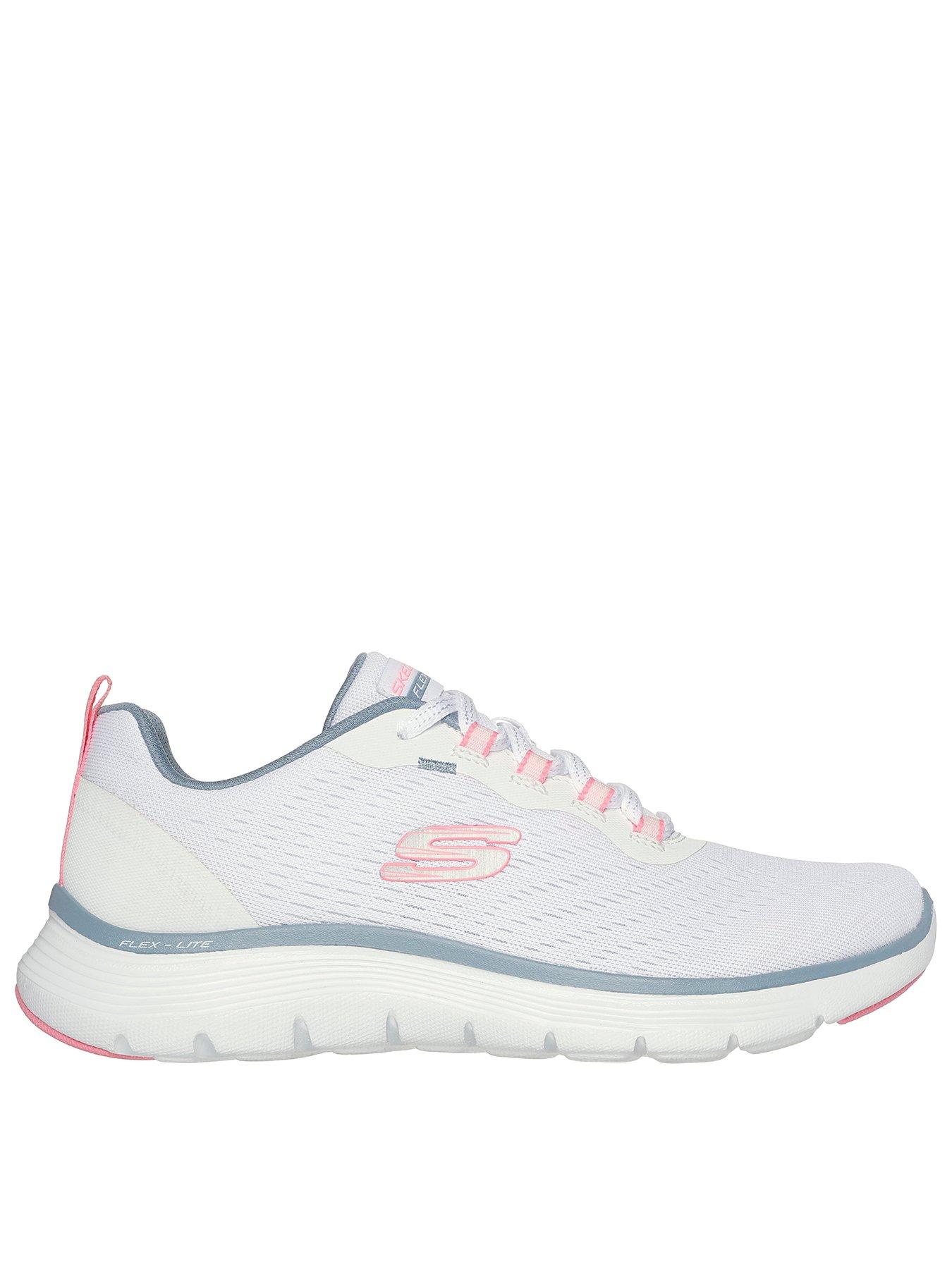 Image of Skechers Flex Appeal 5.0 Engineered Mesh Lace-up Trainer -  White Mesh/pink & Light Blue Trim