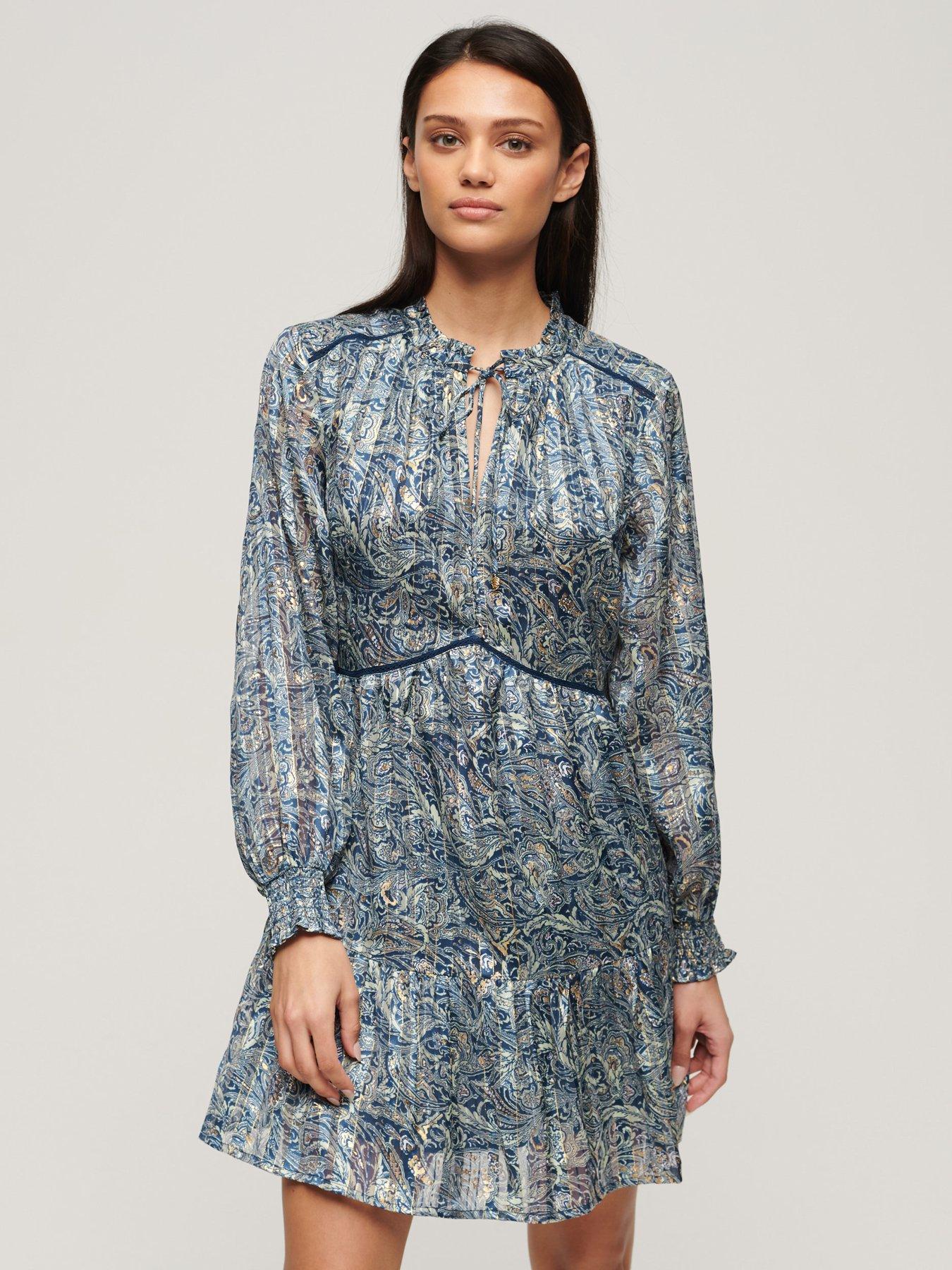 superdry-printed-long-sleeve-metallic-mini-dress-greenfront