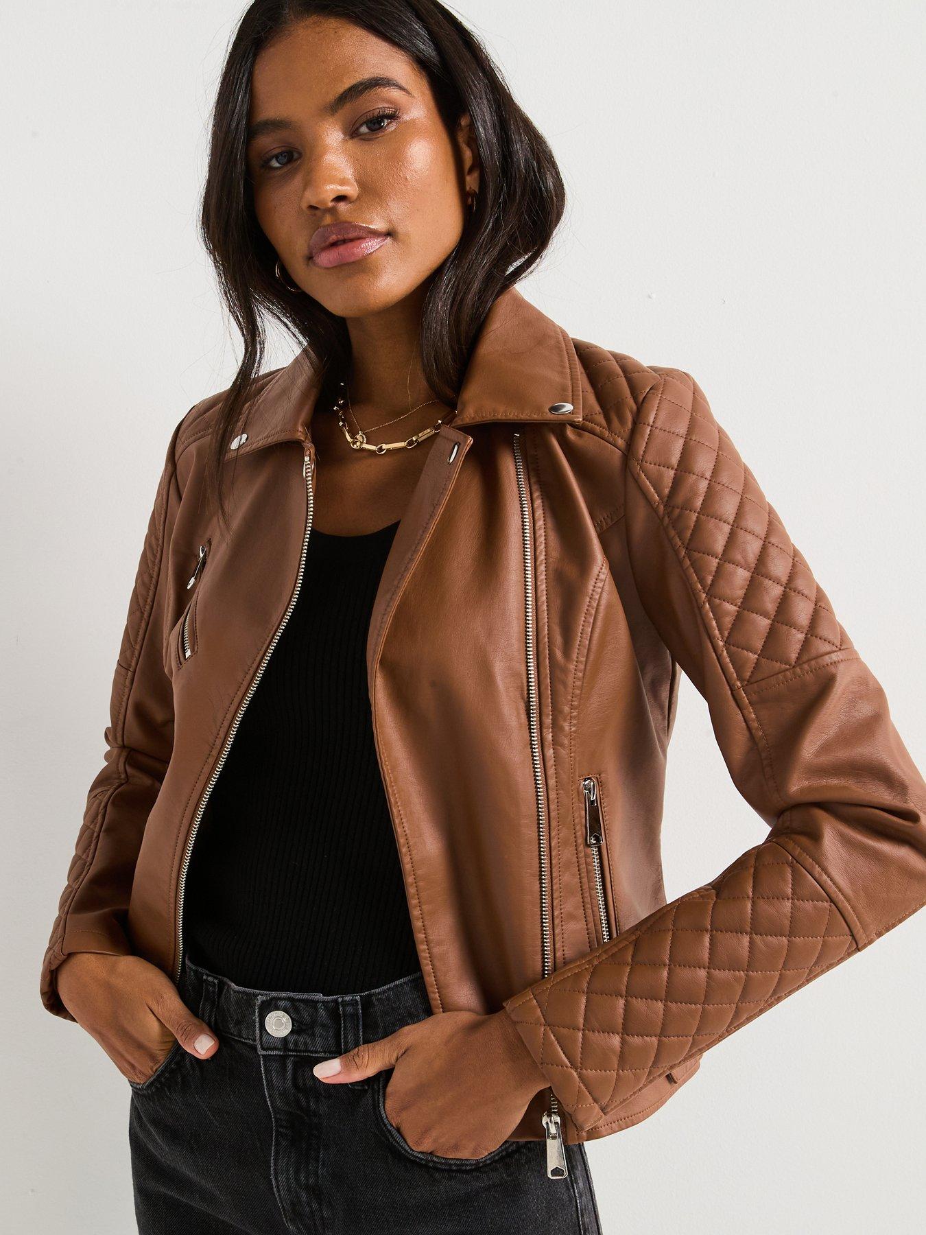 V by Very Faux Leather Quilted Biker Jacket Tan Very Ireland