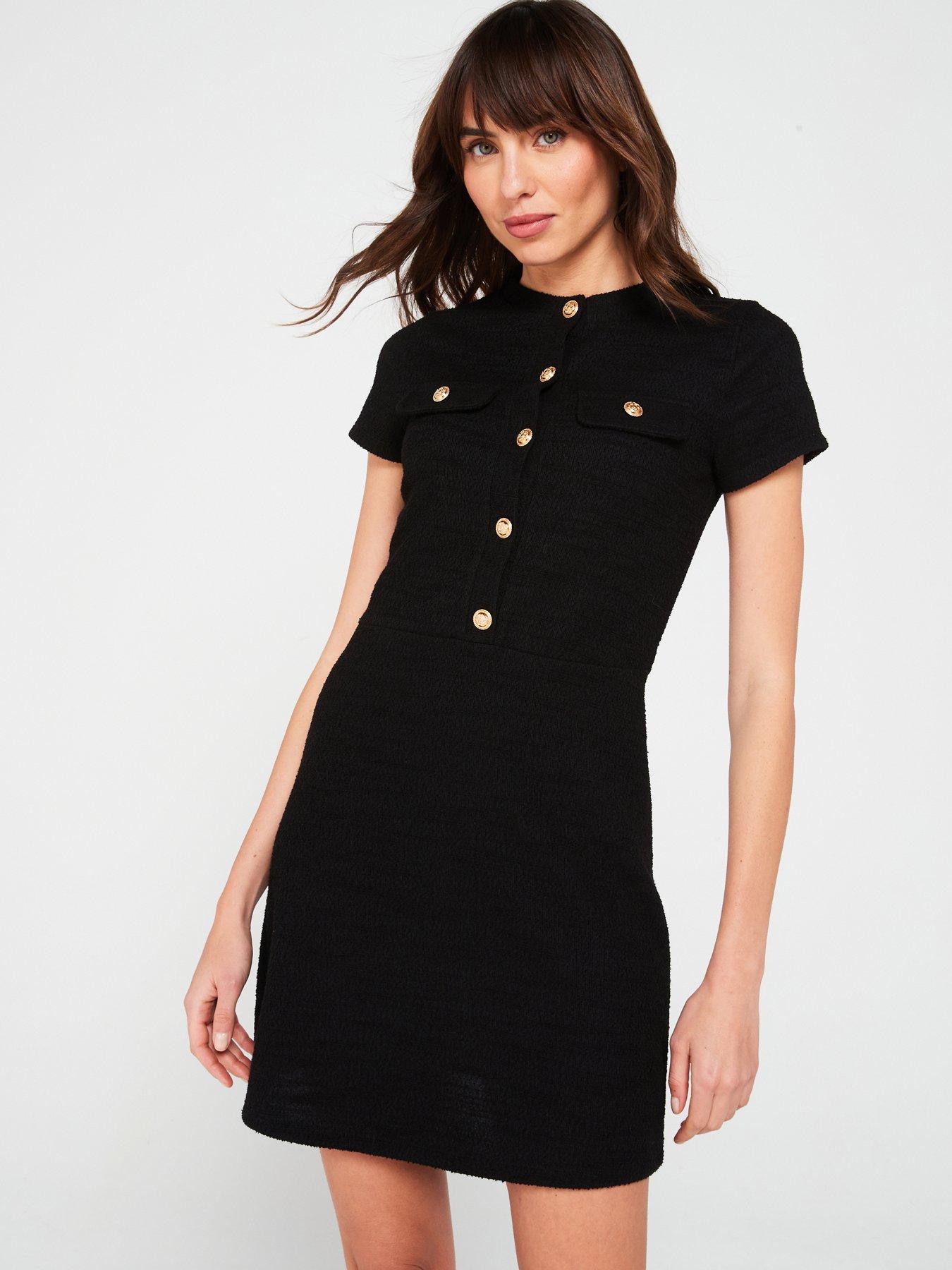 v-by-very-boucle-button-detail-mini-shift-dress-black