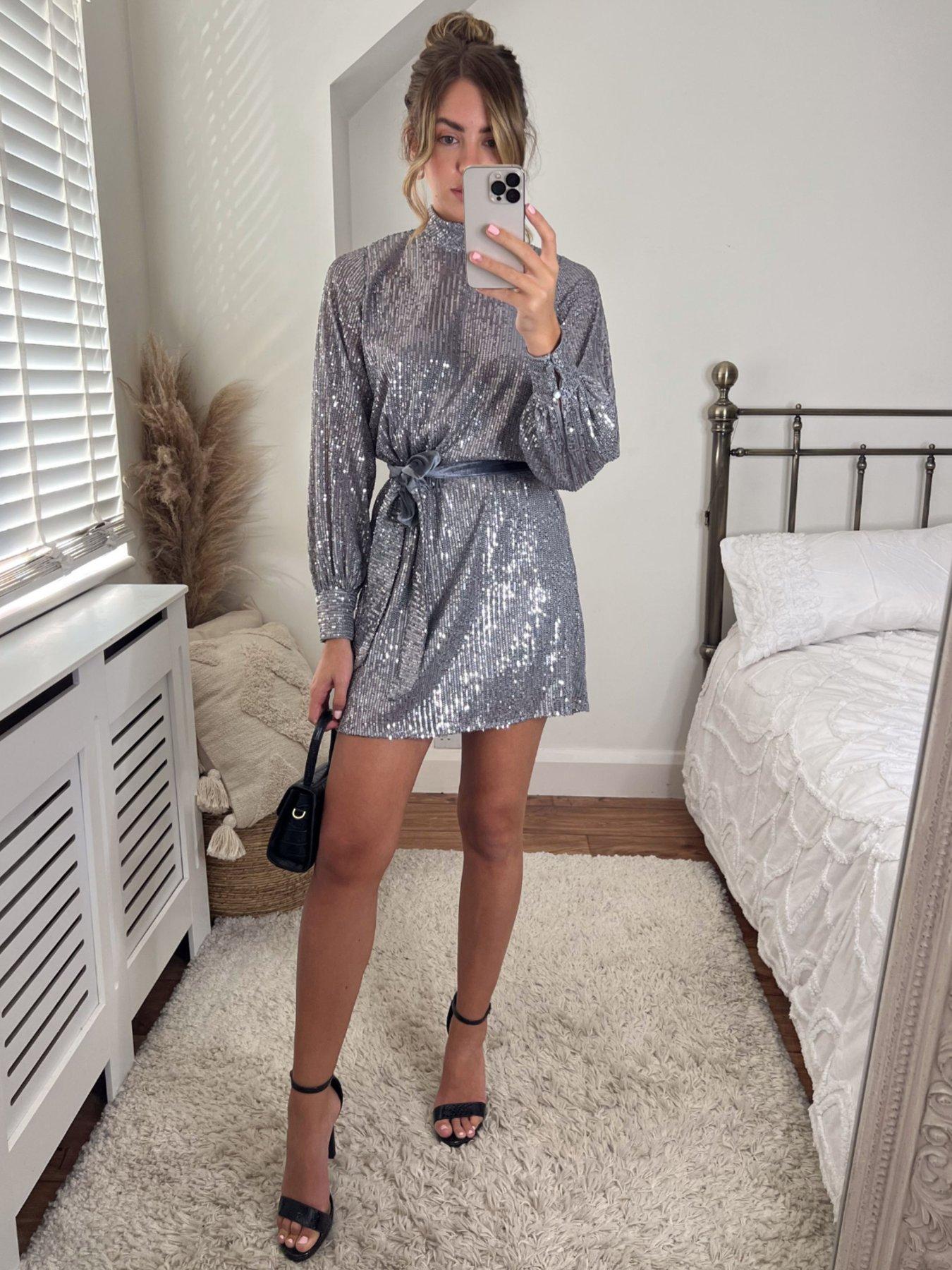 Image 4 of 4 of Style Cheat Sequin&nbsp;High Neck Mini Dress - Silver