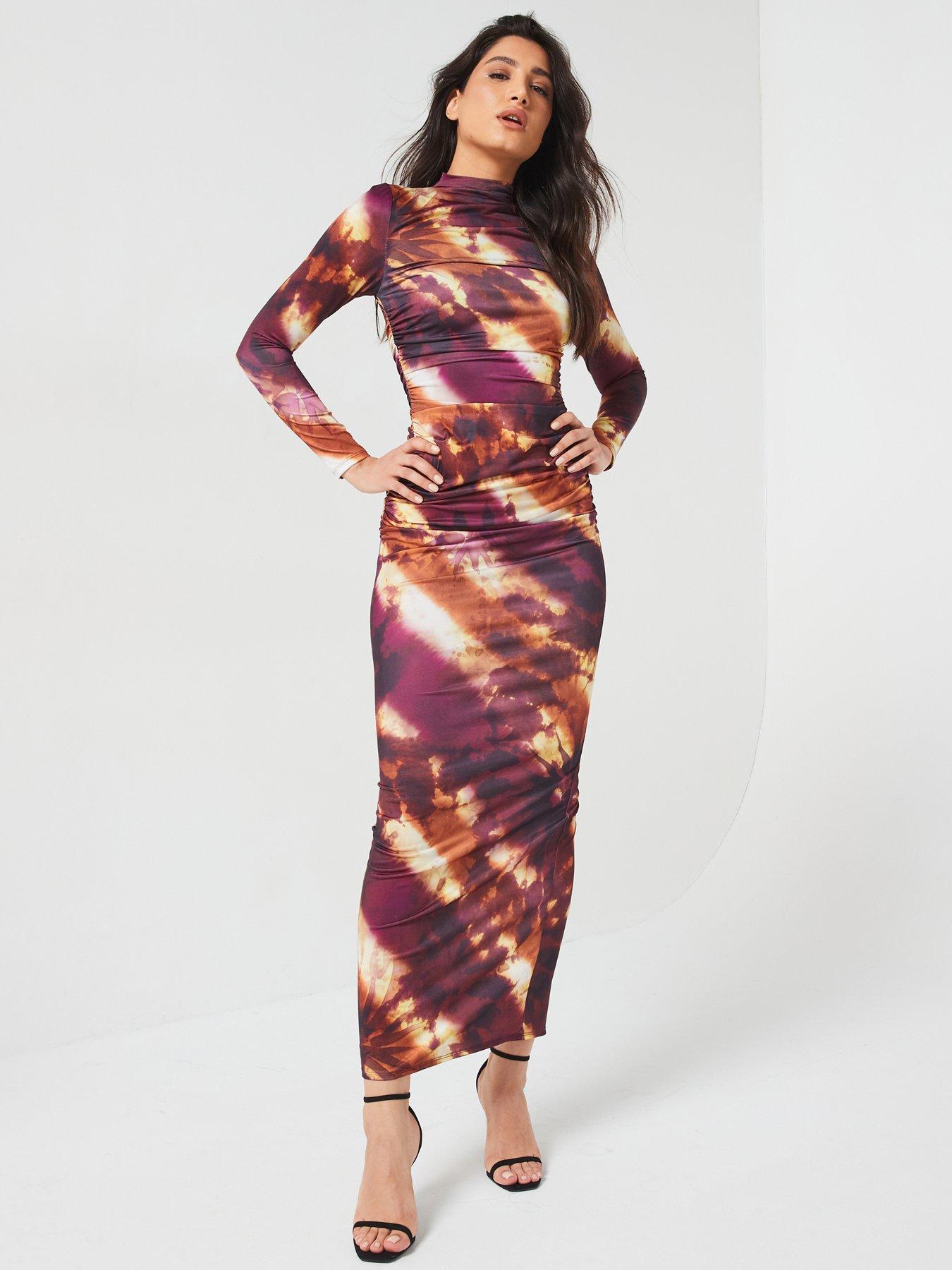 v-by-very-long-sleeve-ruched-printed-dress-brown