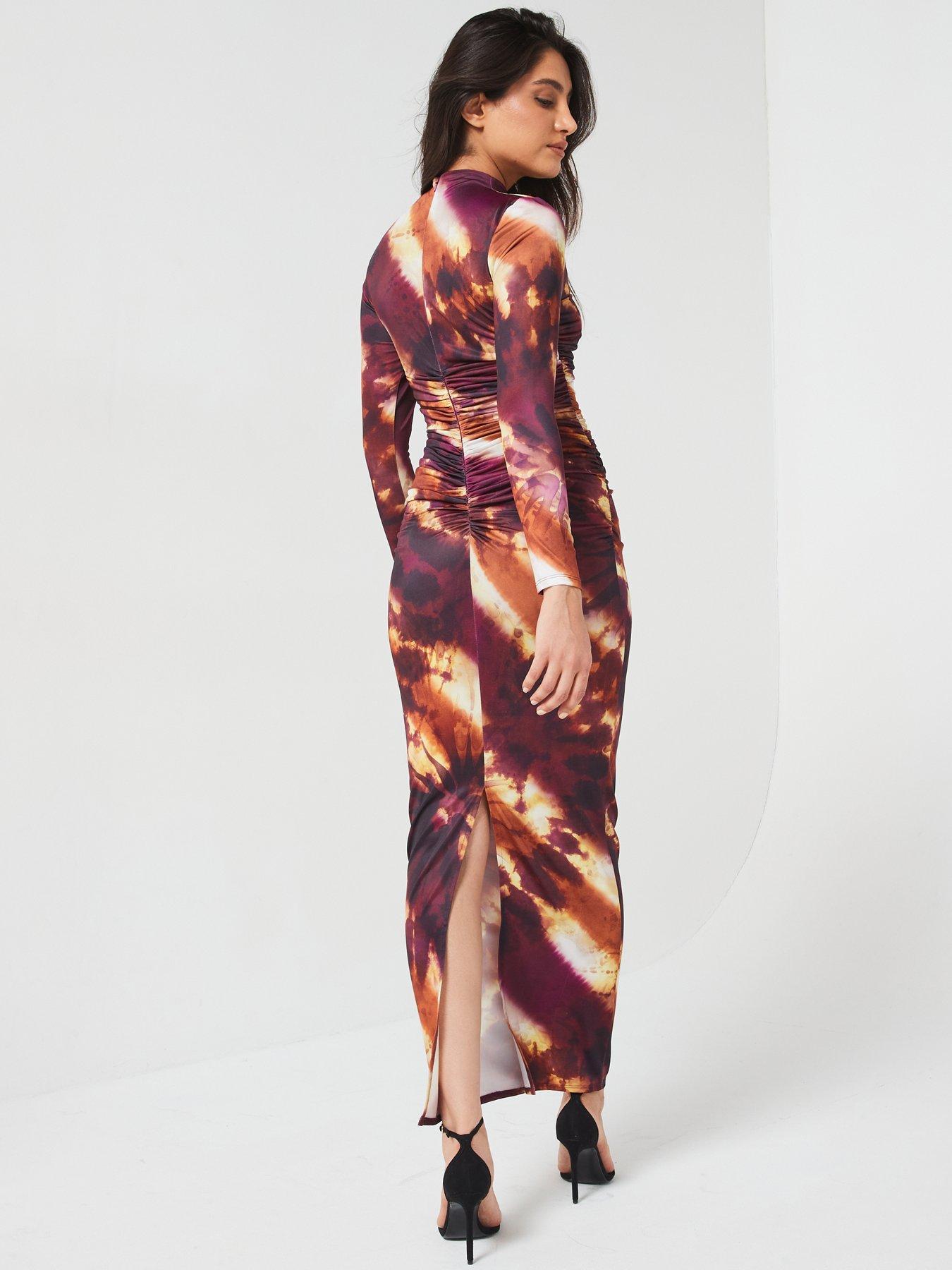 v-by-very-long-sleeve-ruched-printed-dress-brownstillFront