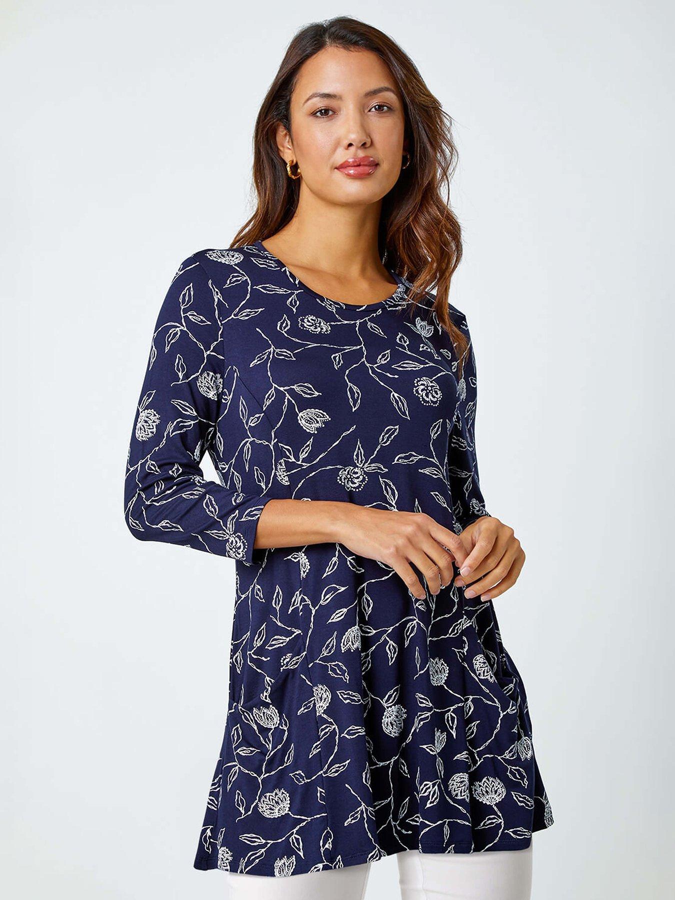 Roman Floral Print Pocket Swing Stretch Top - Navy