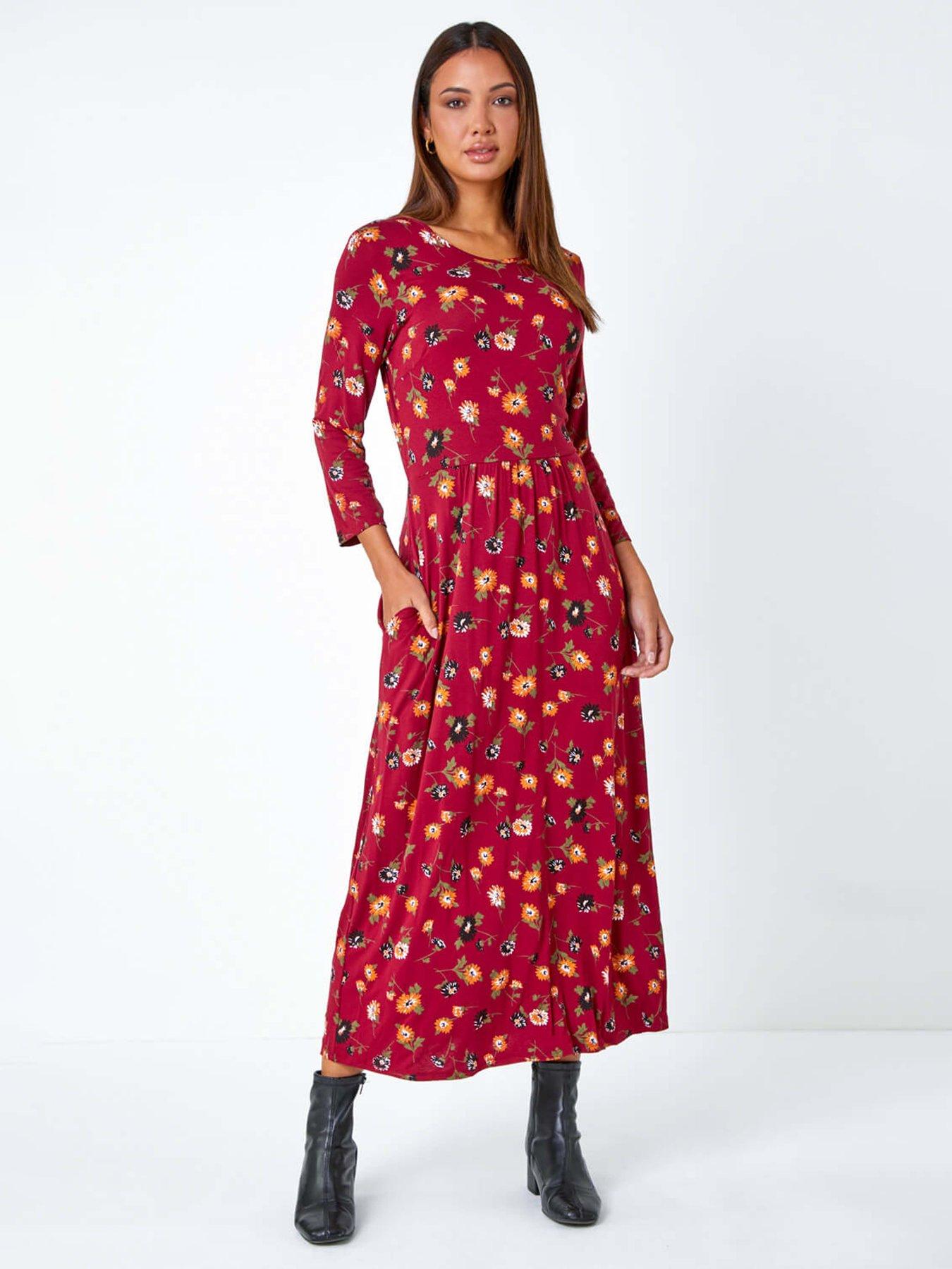 Roman Floral Print Pocket Detail Midi Dress - Rust