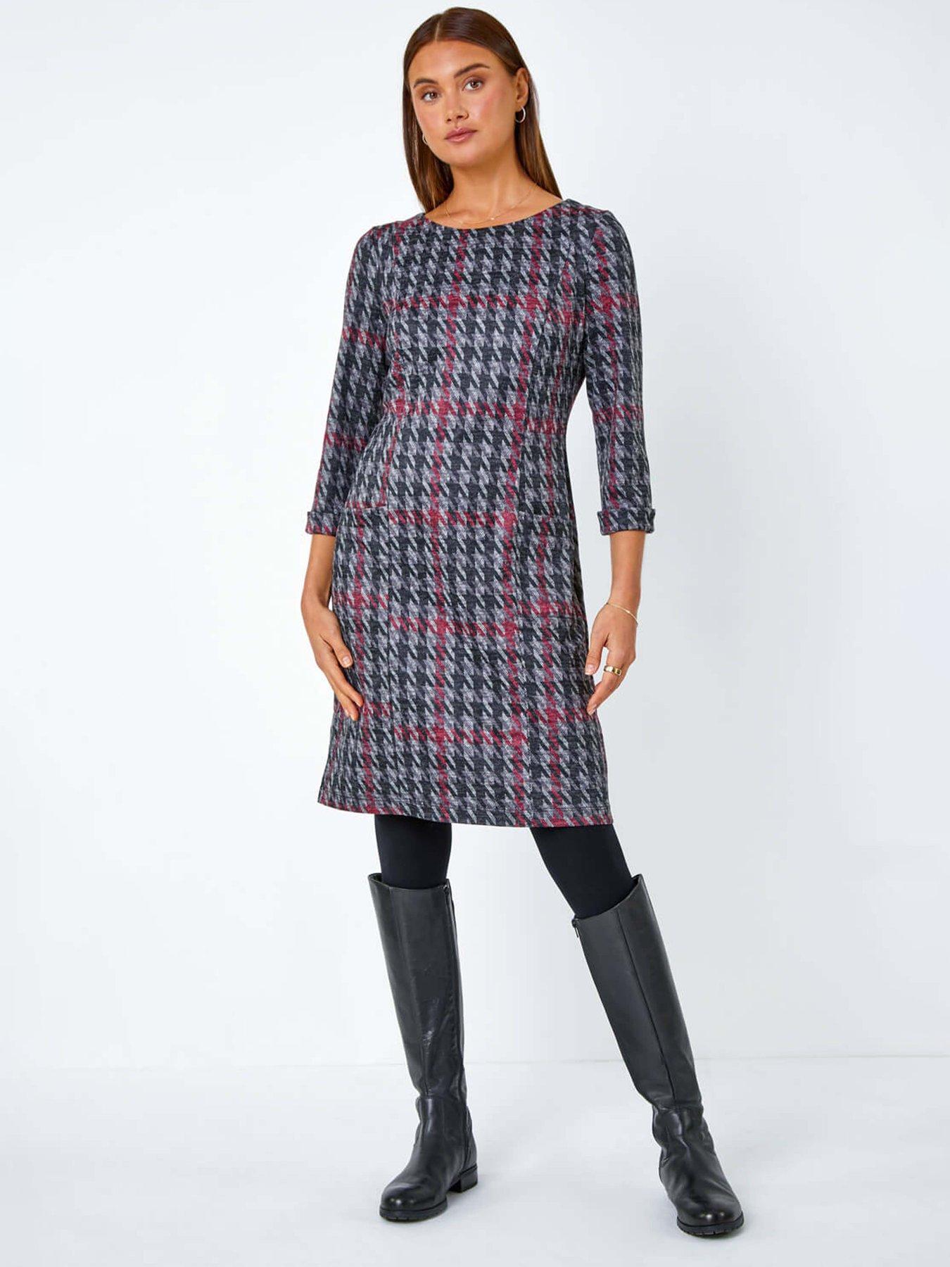 roman-houndstooth-pocket-shift-stretch-dress-redfront