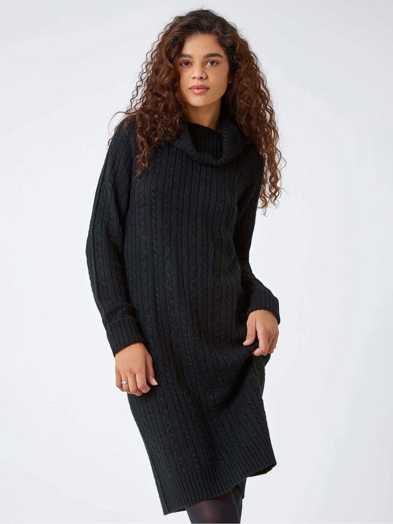 Roman Roll Neck Knitted Jumper Dress - Black