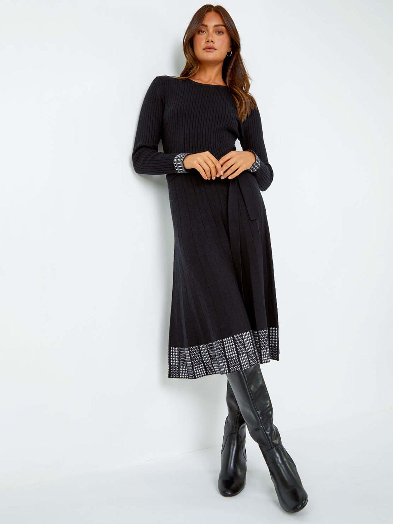 roman-ribbed-stretch-knit-border-print-dress-black