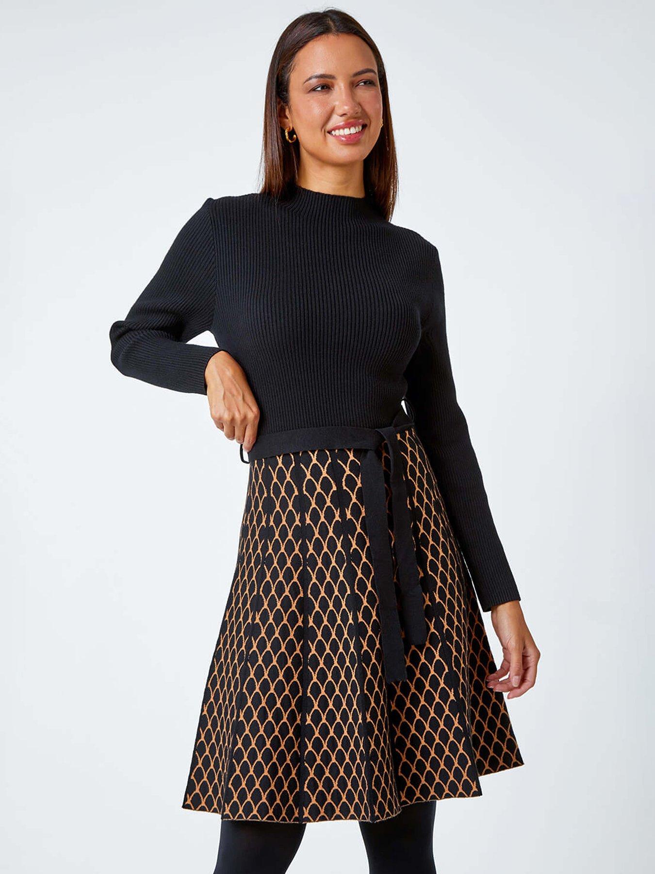 Roman Contrast Skirt Ribbed Jumper Dress - Camel