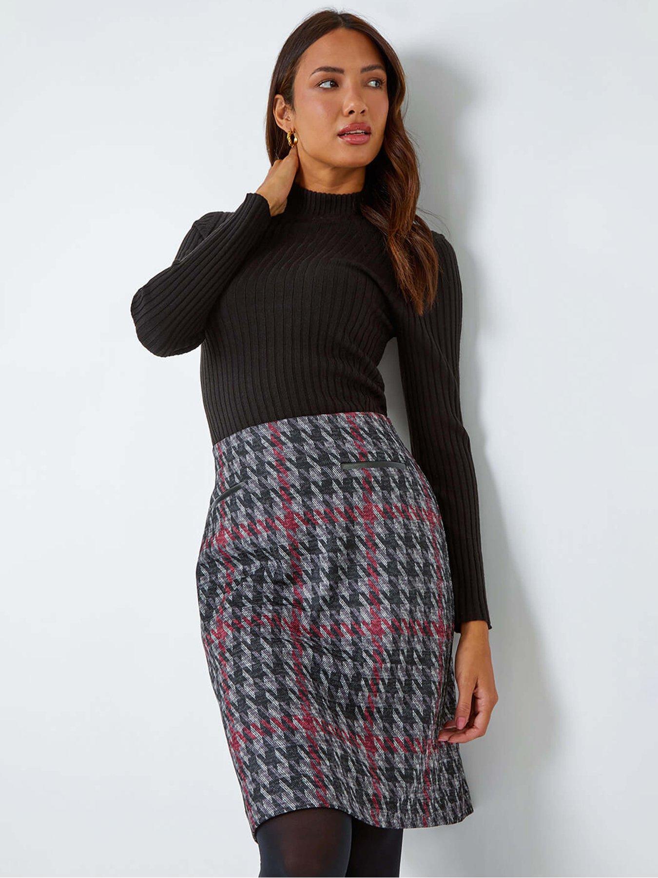 Image 1 of 4 of Roman Houndstooth Stretch Pencil Skirt - Red