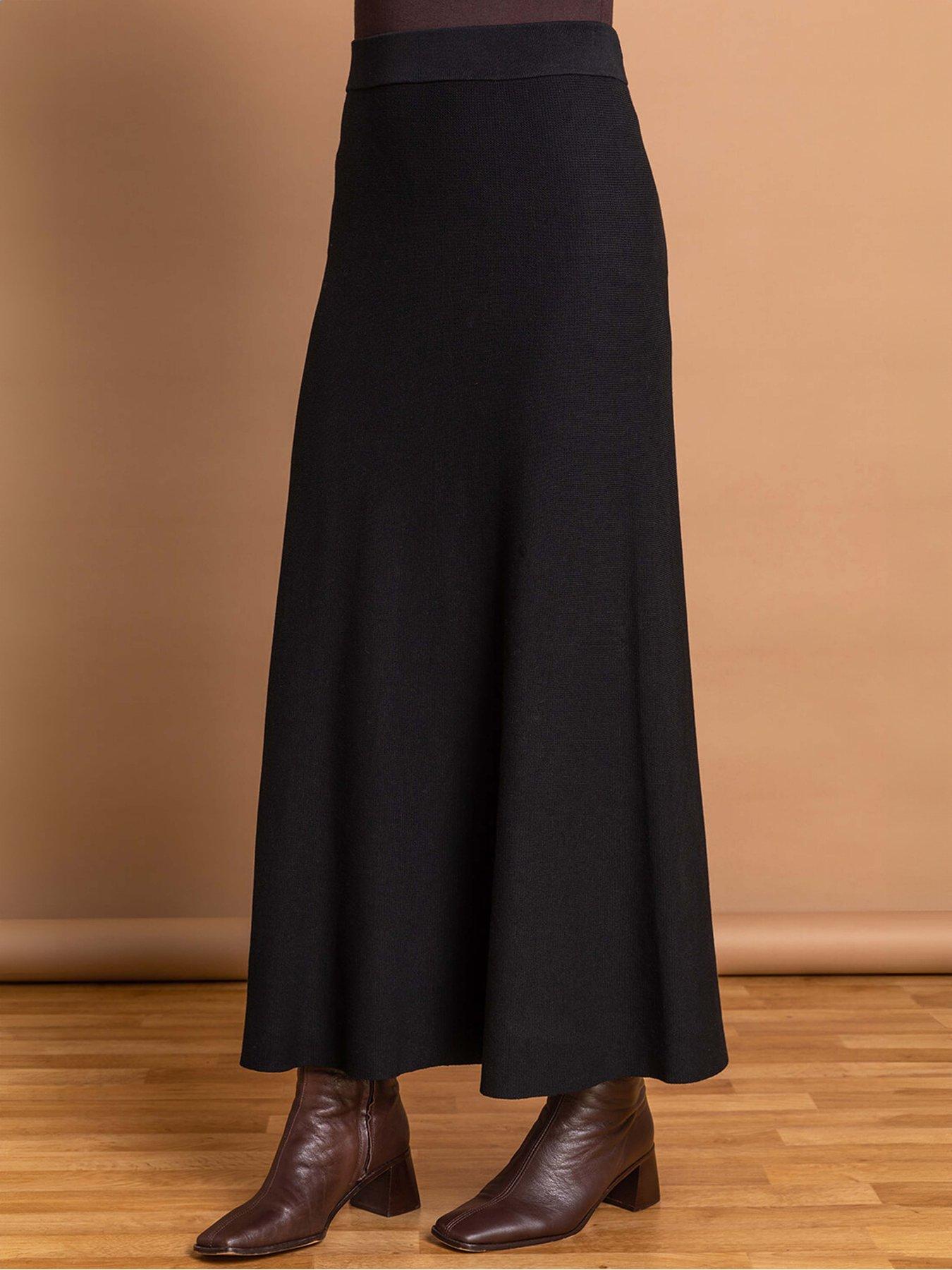 Roman Plain Knitted A Line Midi Skirt - Black