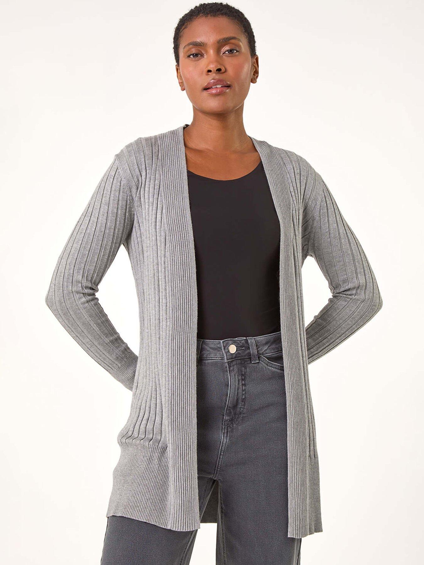 Roman Longline Stretch Ribbed Cardigan - Light Grey