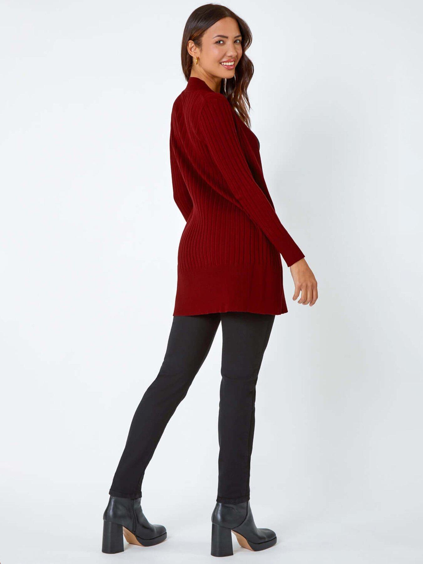 roman-longline-stretch-ribbed-cardigan-winestillFront