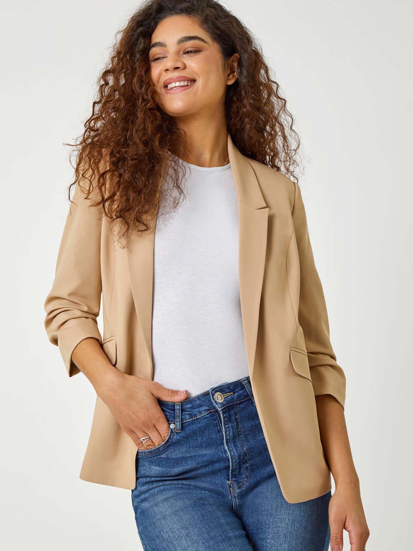 Roman Ruched 3/4 Sleeve Stretch Blazer - Natural