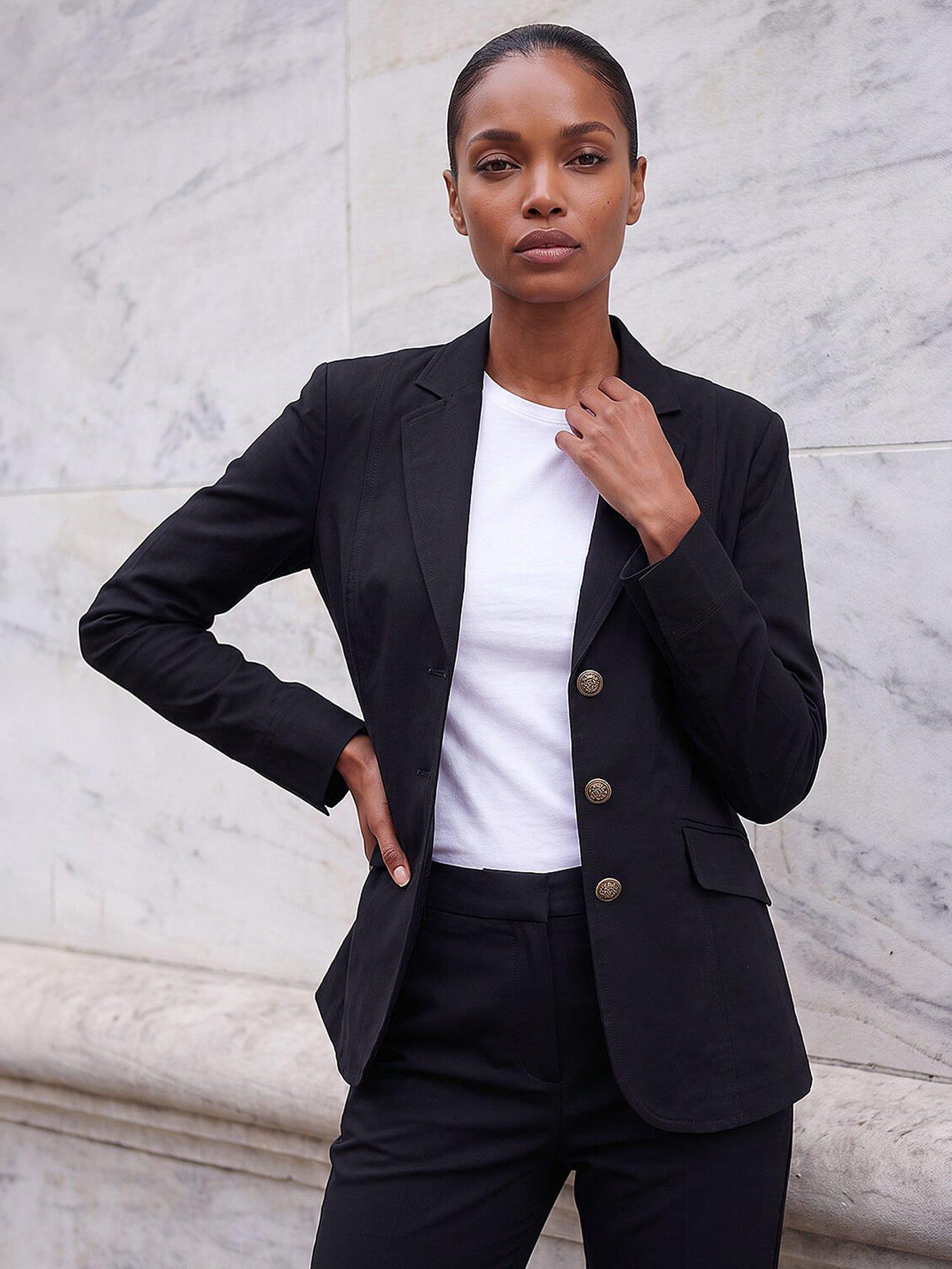 Roman Button Detail Stretch Blazer - Black