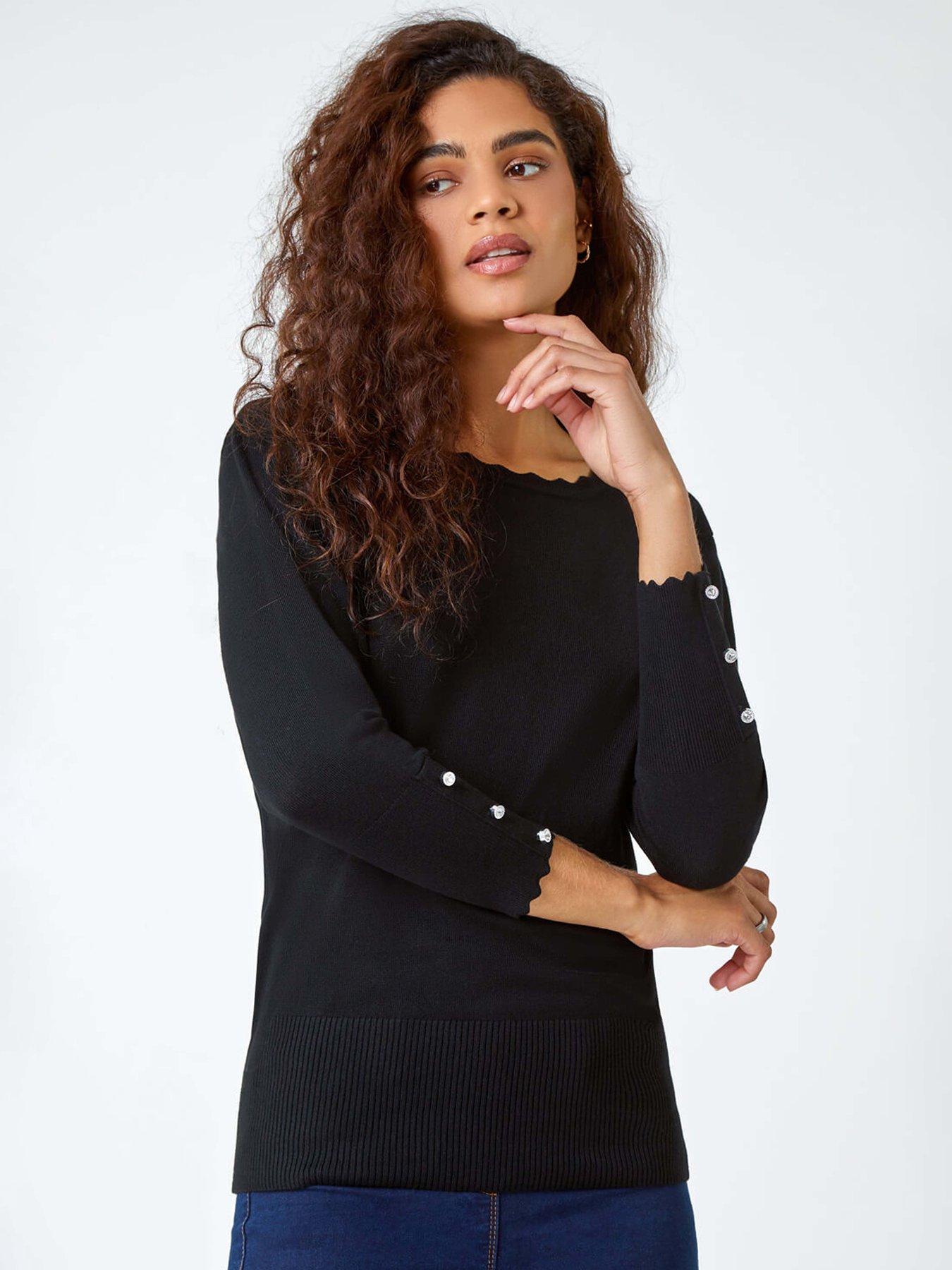 Image 1 of 5 of Roman Diamante Button Scallop Edge Jumper - Black