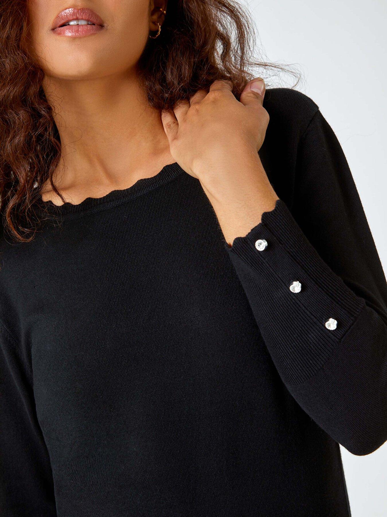 Image 4 of 5 of Roman Diamante Button Scallop Edge Jumper - Black