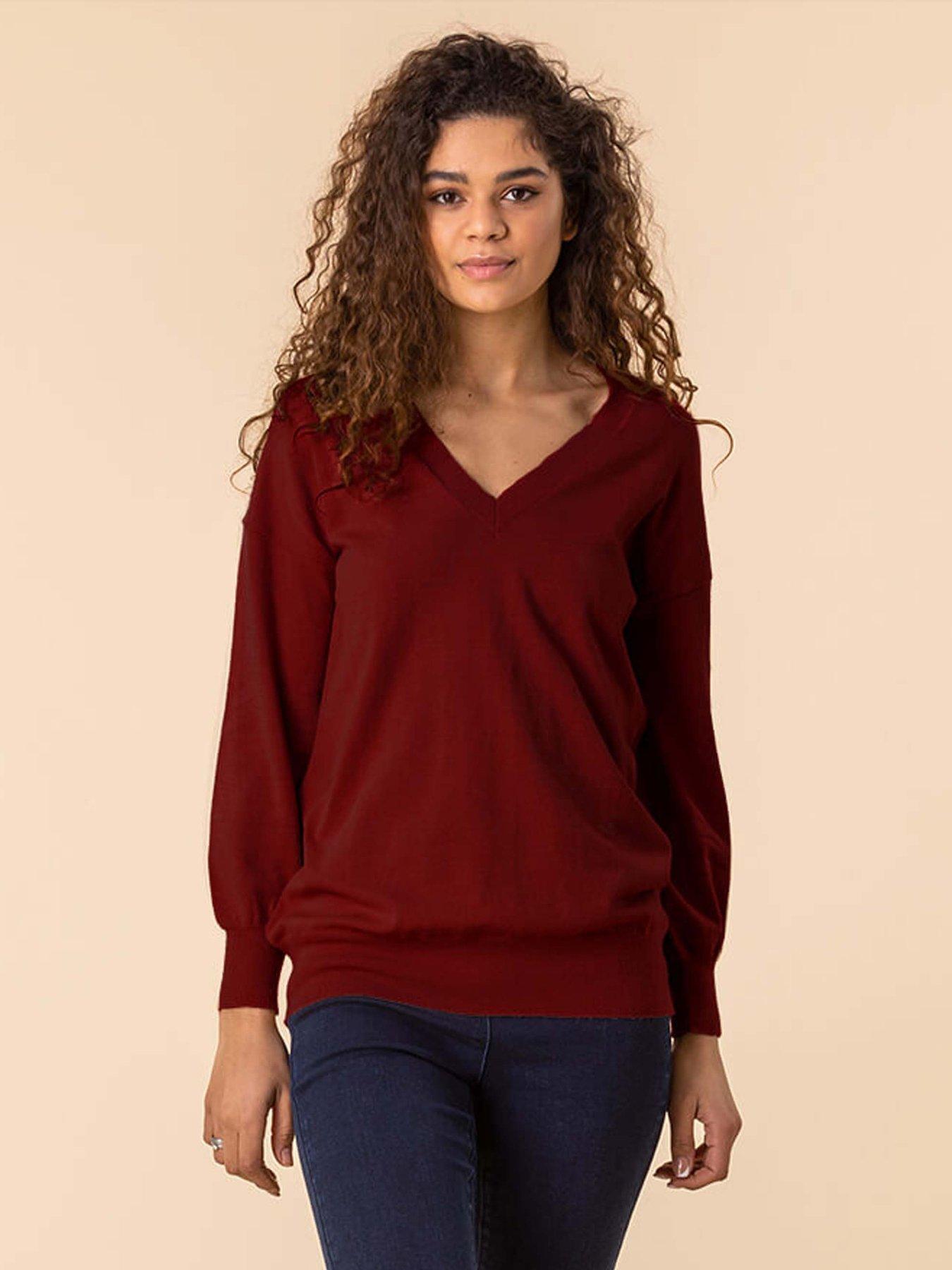 roman-plain-v-neck-stretch-longline-jumper-red