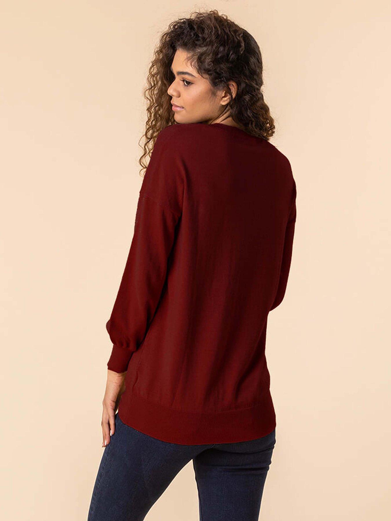 roman-plain-v-neck-stretch-longline-jumper-redstillFront