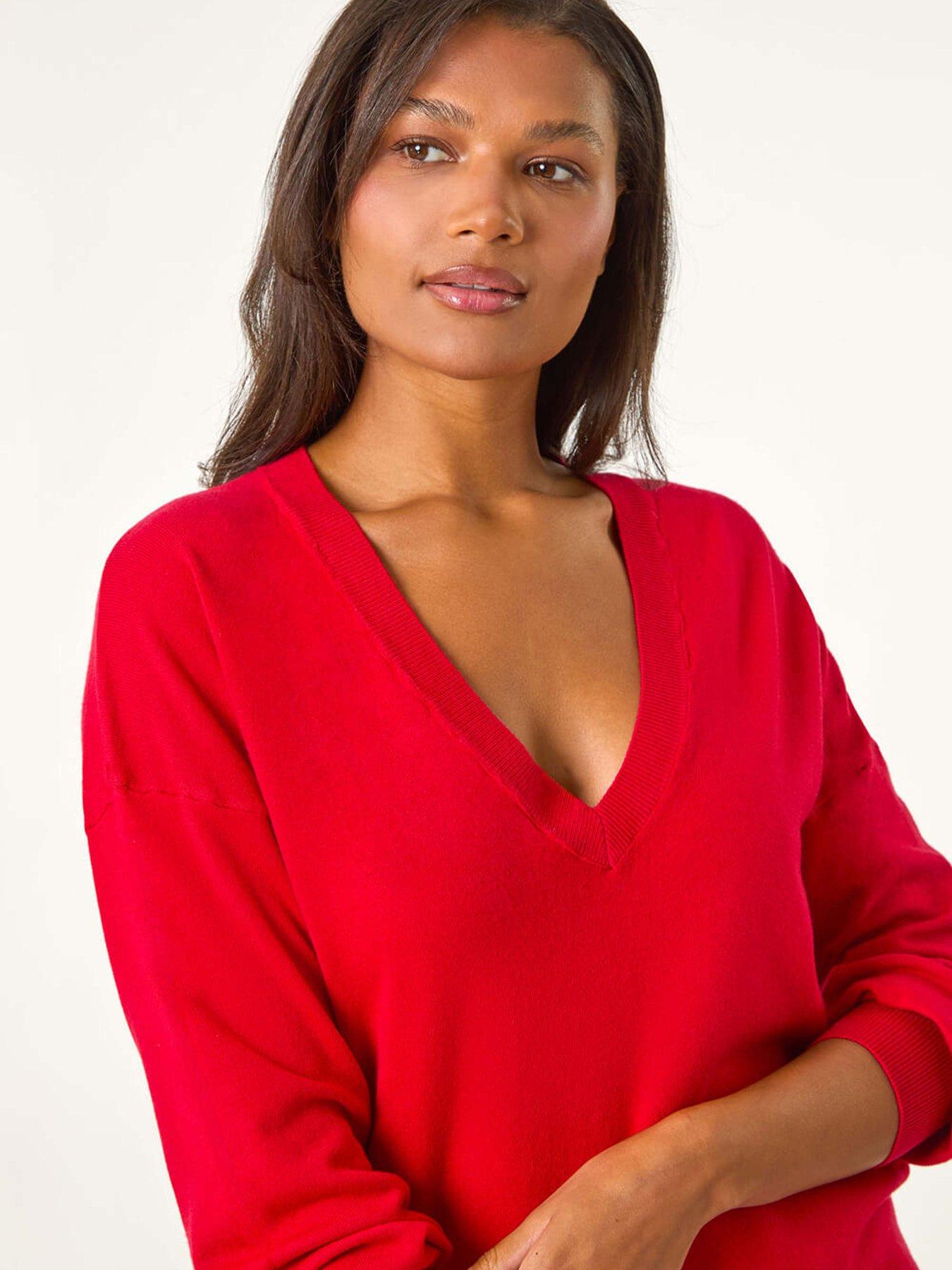 roman-plain-v-neck-stretch-longline-jumper-scarletdetail
