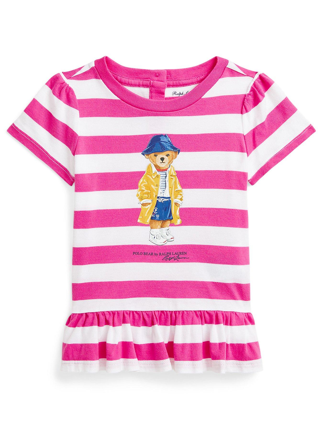 undefined Baby Girls Bear Stripe Peplum T-Shirt - White/Pink