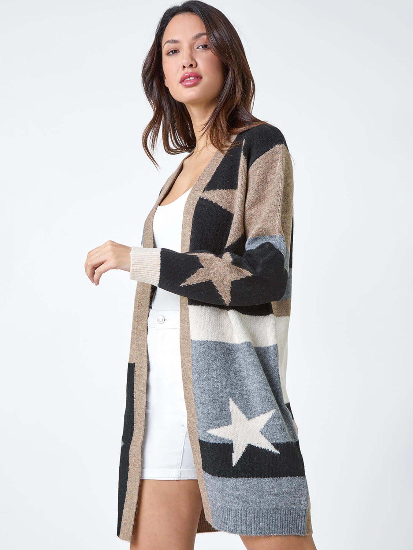 Roman Star Print Longline Stretch Cardigan - Natural