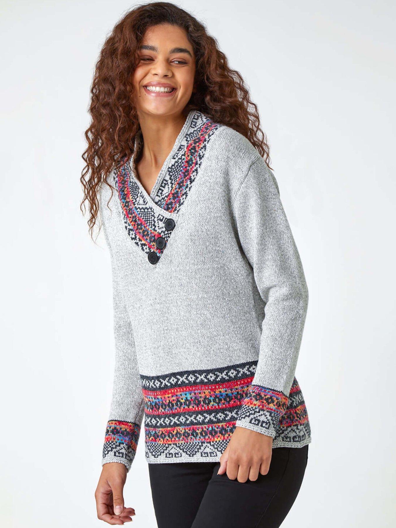 roman-nordic-print-button-detail-v-neck-jumper-grey