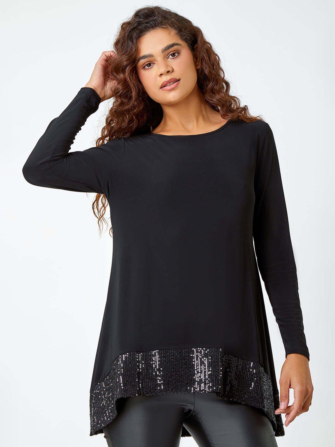 roman-sequin-hem-stretch-tunic-top-black