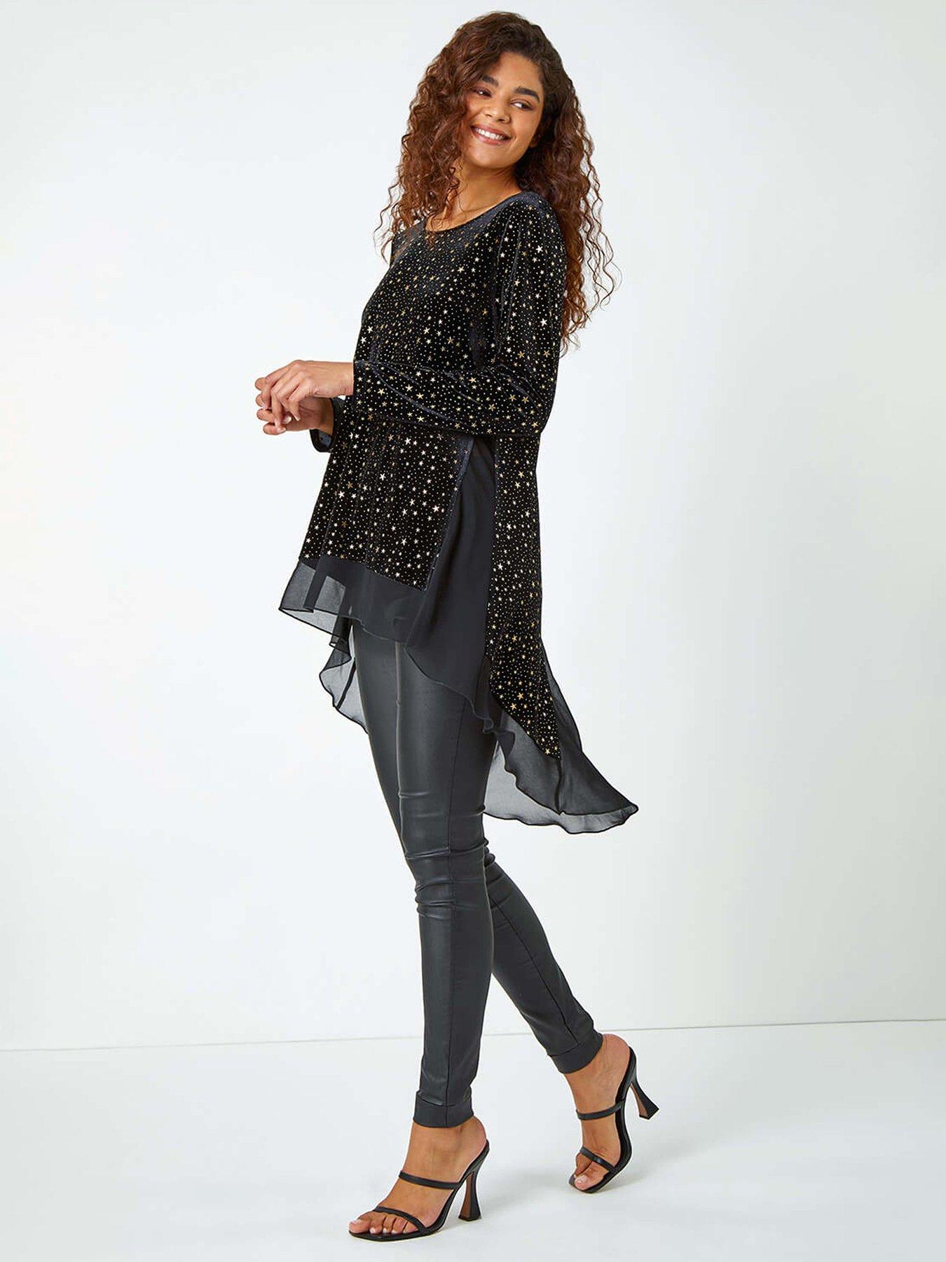 Roman Star Print Velvet Chiffon Hem Top - Gold