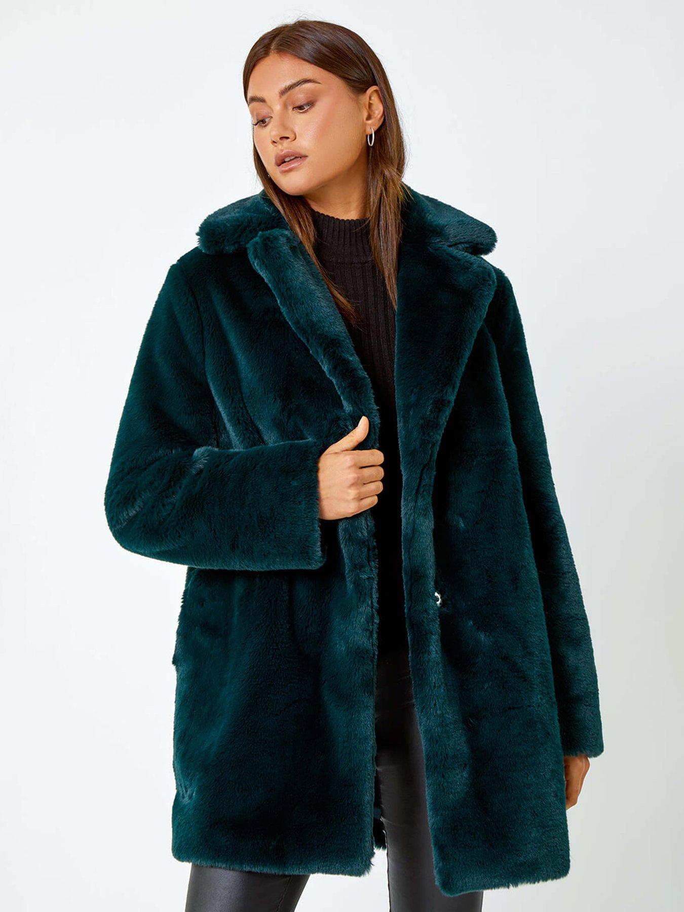 Roman Faux Fur Longline Coat - Emerald