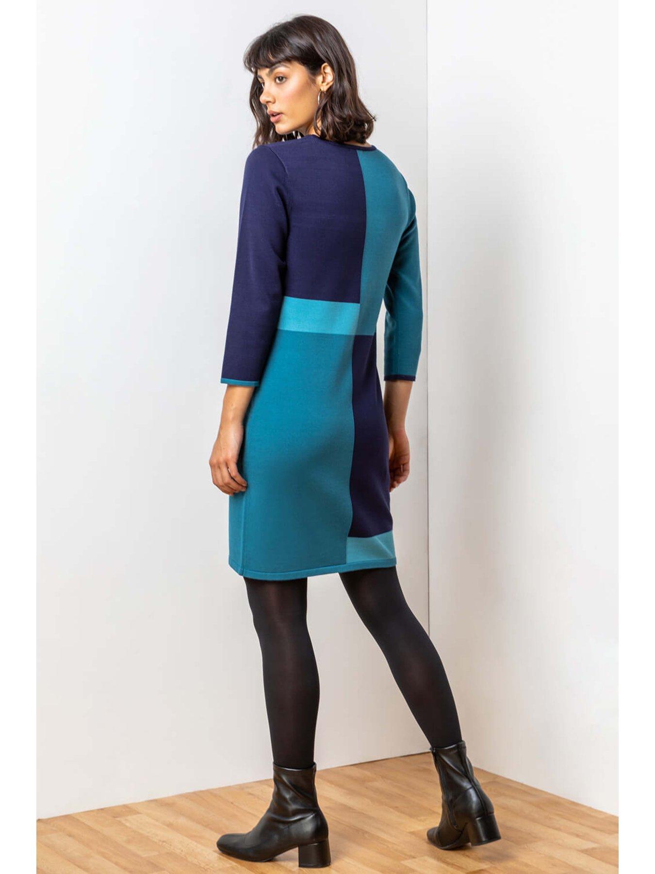roman-colour-block-knitted-dress-bluestillFront