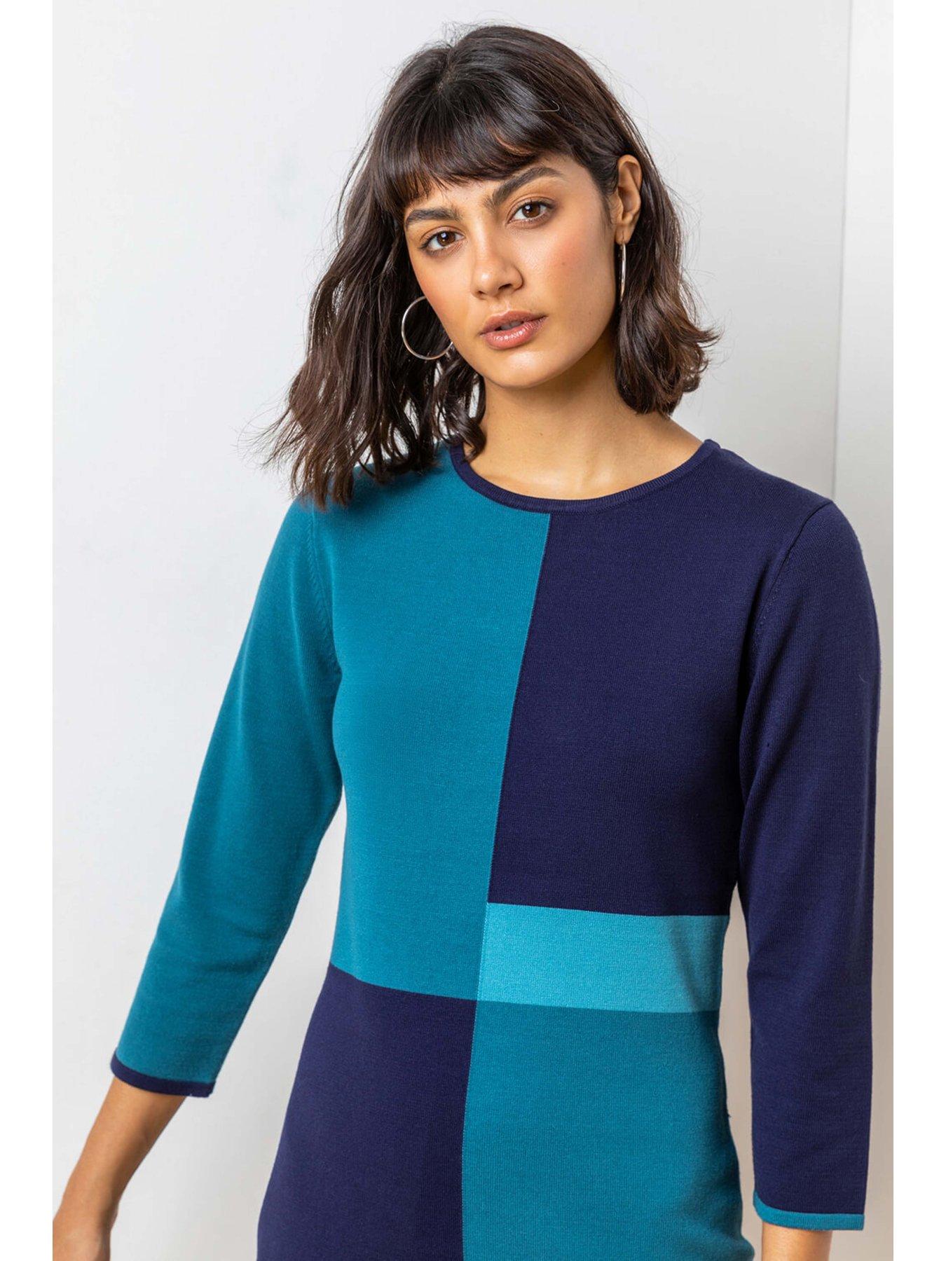 roman-colour-block-knitted-dress-blueoutfit