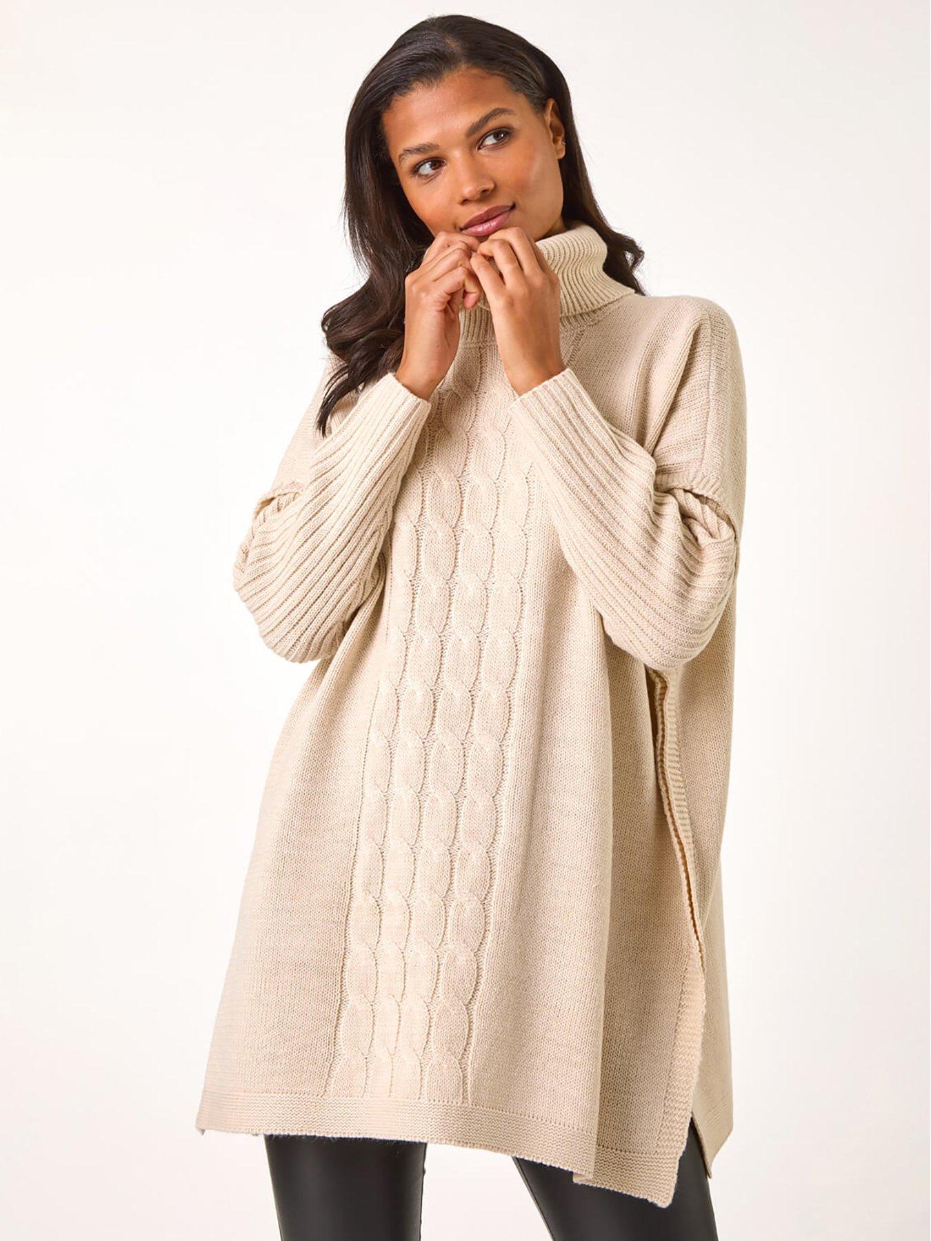 Roman Cable Knit Roll Neck Poncho Jumper - Beige