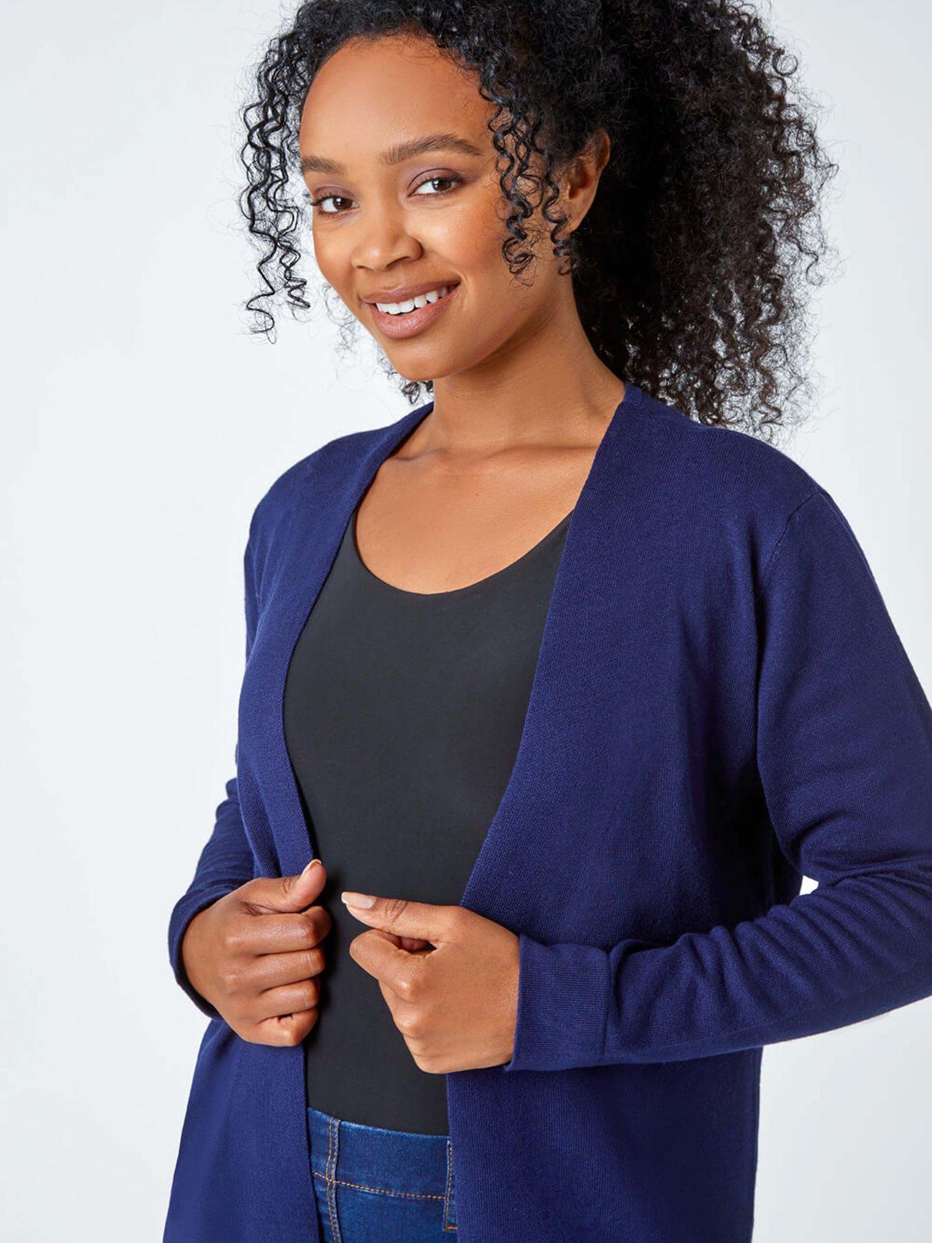 roman-petite-plain-stretch-cardigan-navyoutfit