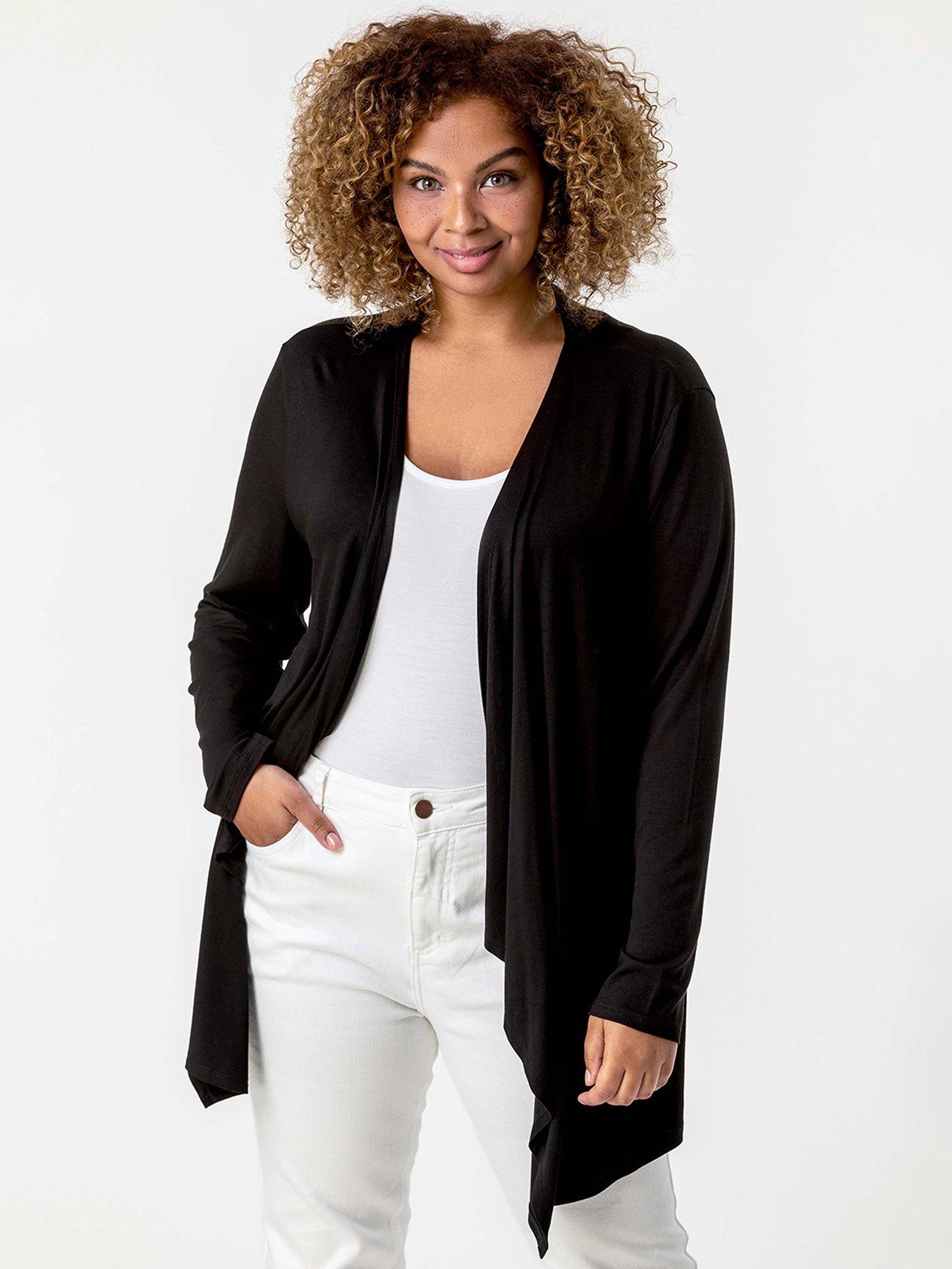 Roman Curve Waterfall Front Jersey Cardigan - Black