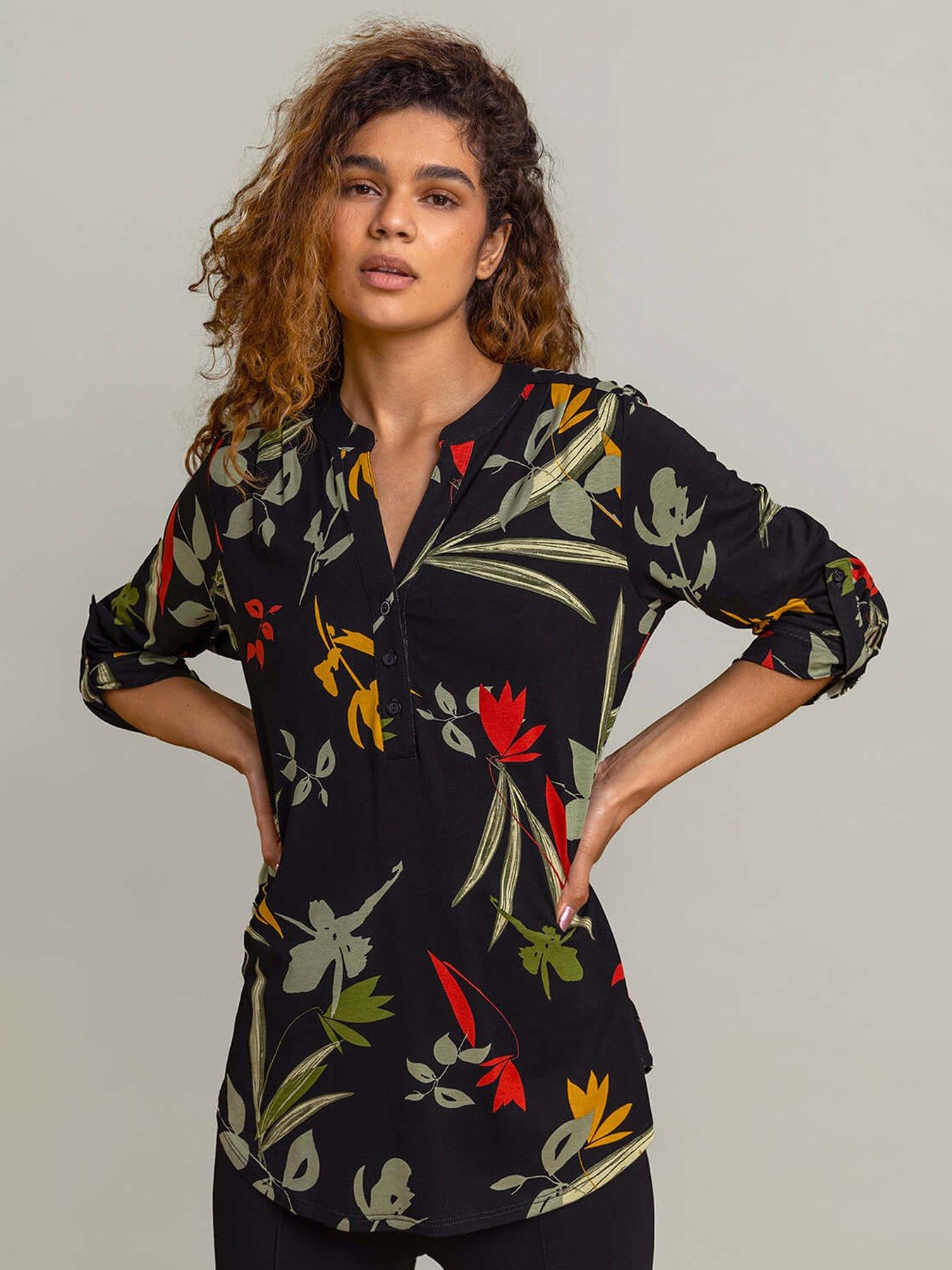 roman-floral-print-notch-neck-top-black