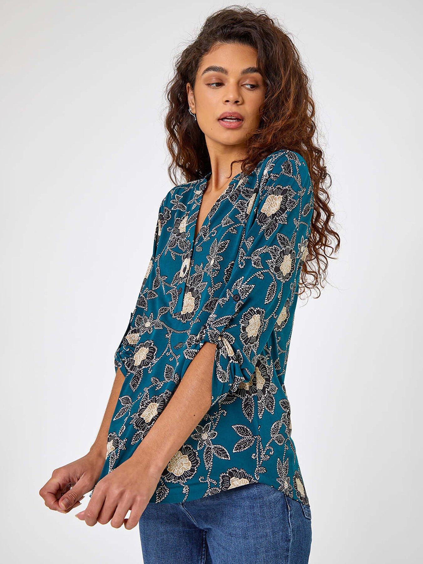 Roman Textured Floral Print Notch Neck Top - Green