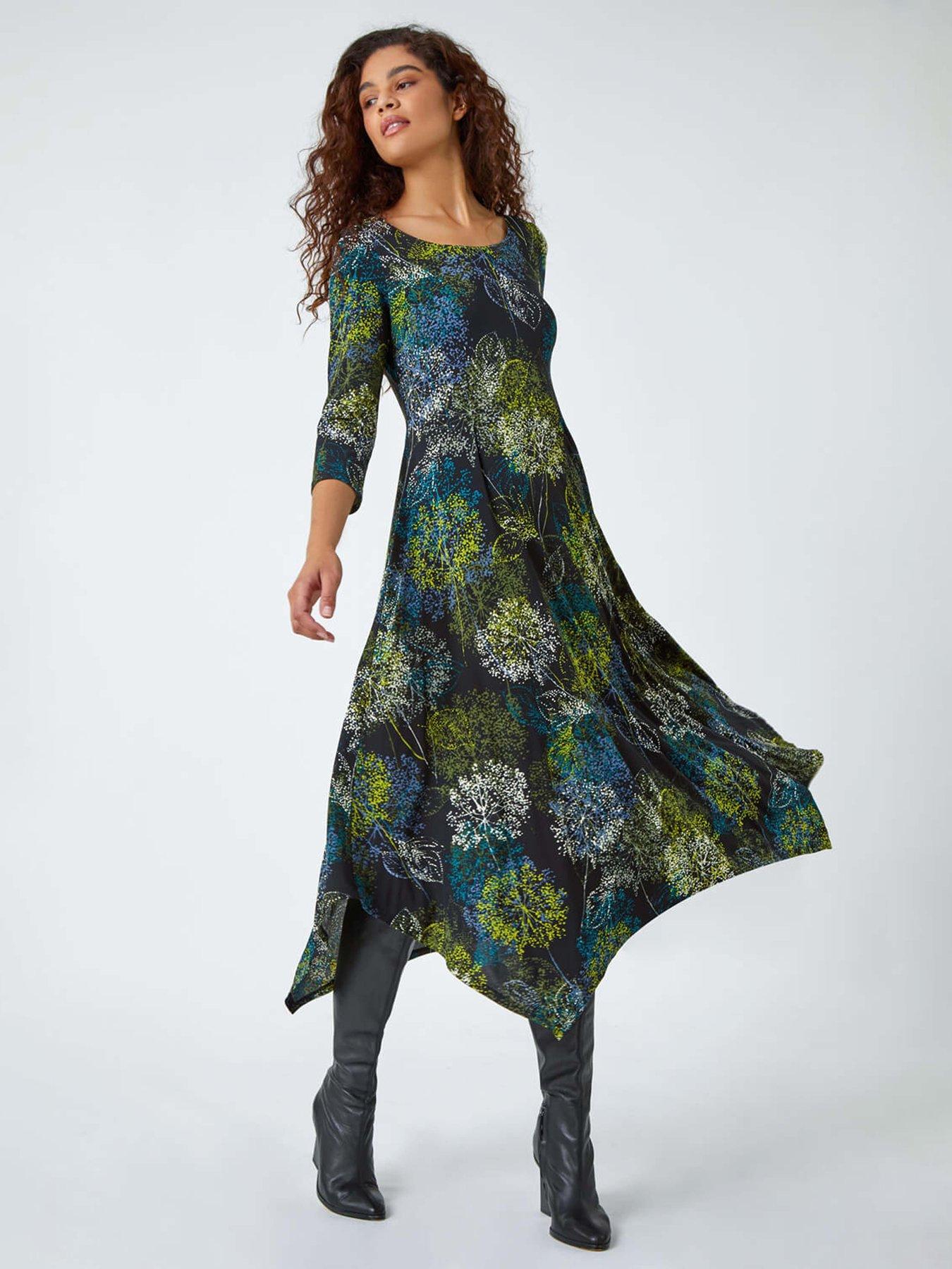 roman-floral-hanky-hem-stretch-midi-dress-greenfront