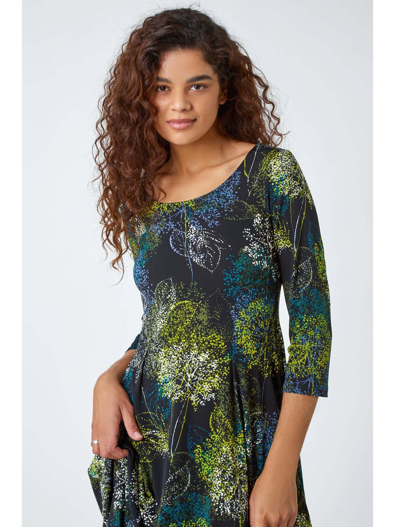 roman-floral-hanky-hem-stretch-midi-dress-greenoutfit