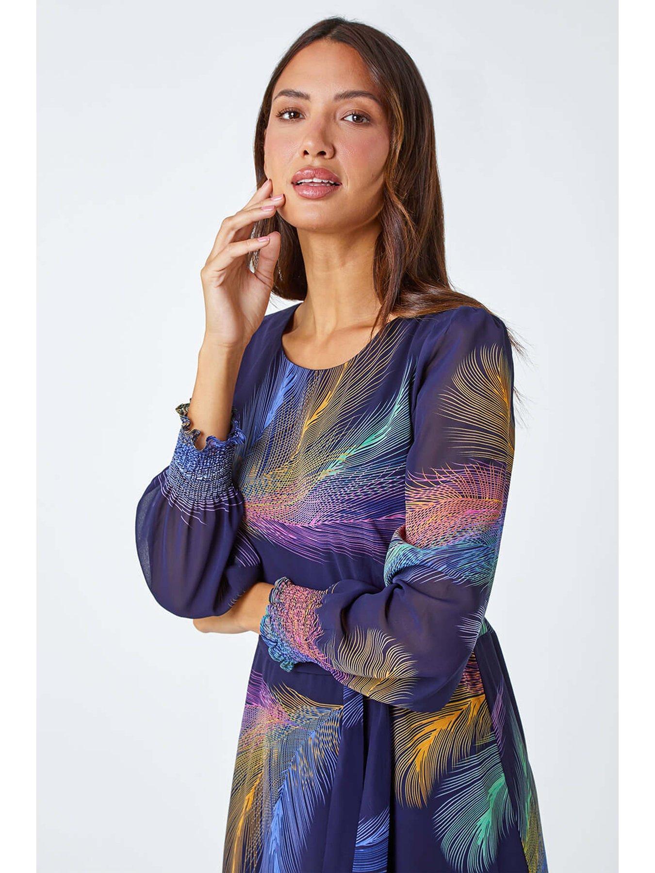 roman-feather-print-belted-midi-dress-purpleoutfit