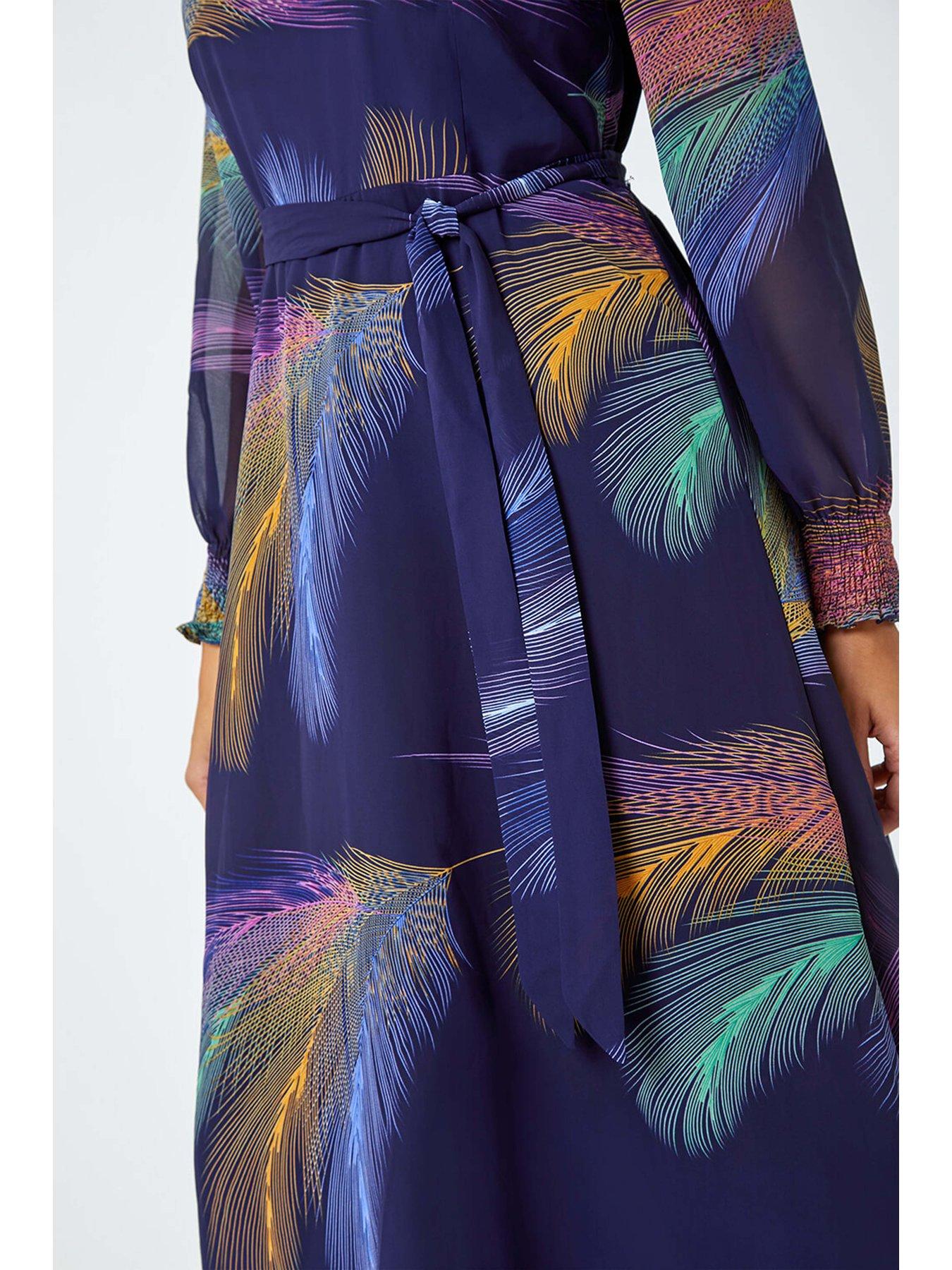 roman-feather-print-belted-midi-dress-purpledetail