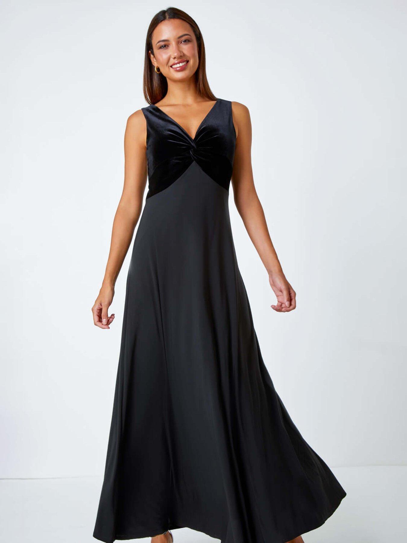 roman-velvet-twist-front-maxi-stretch-dress-blackfront