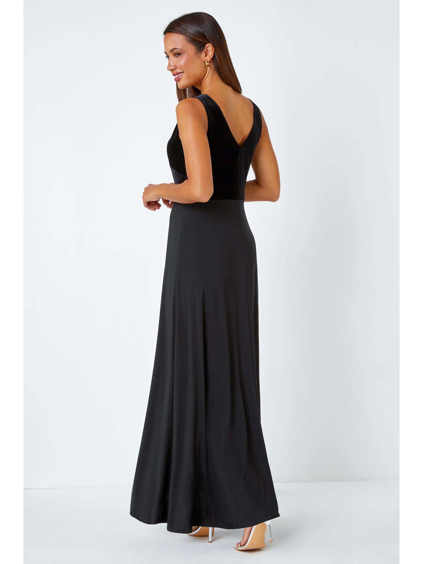 roman-velvet-twist-front-maxi-stretch-dress-blackstillFront