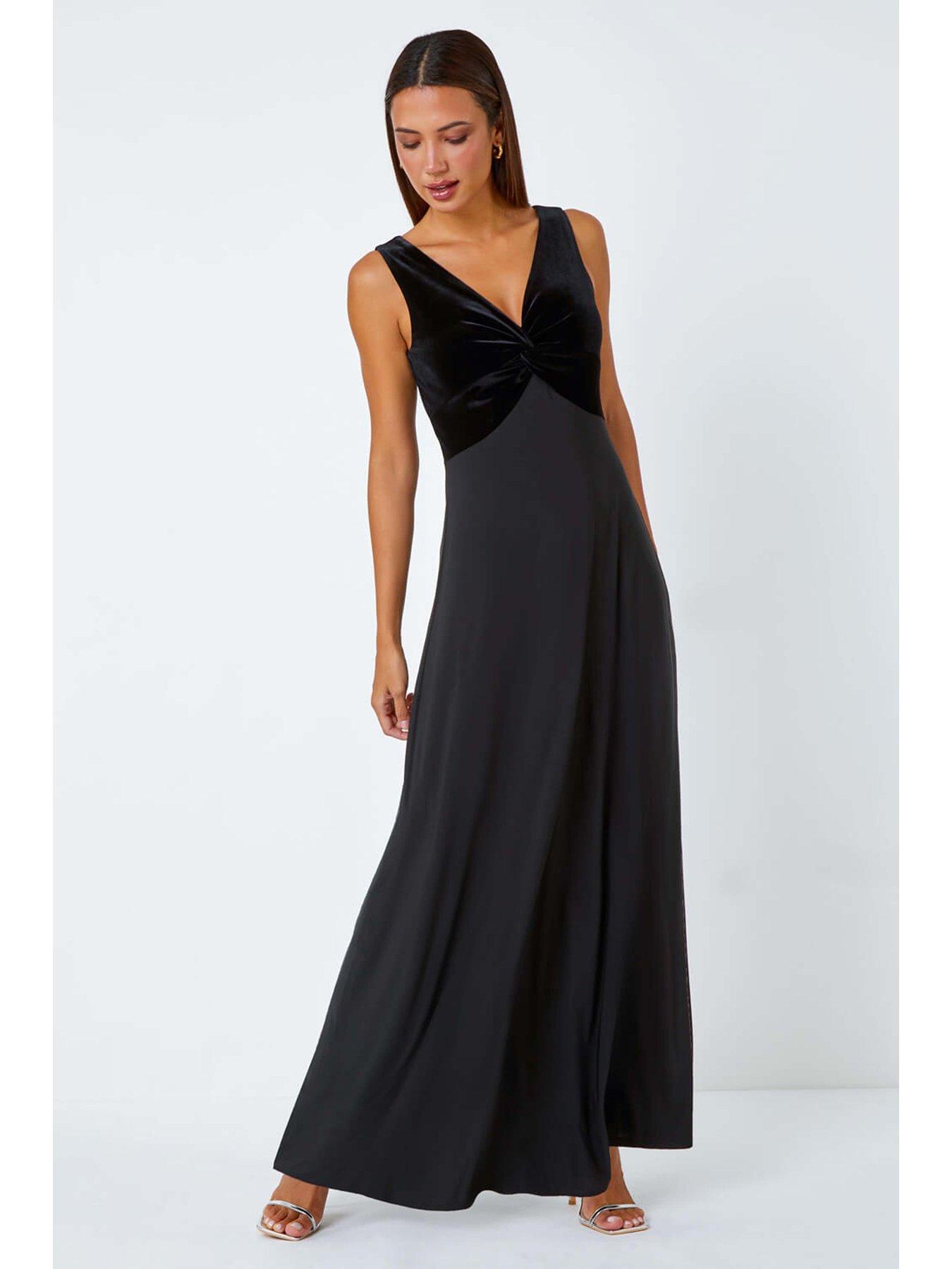 roman-velvet-twist-front-maxi-stretch-dress-blackback