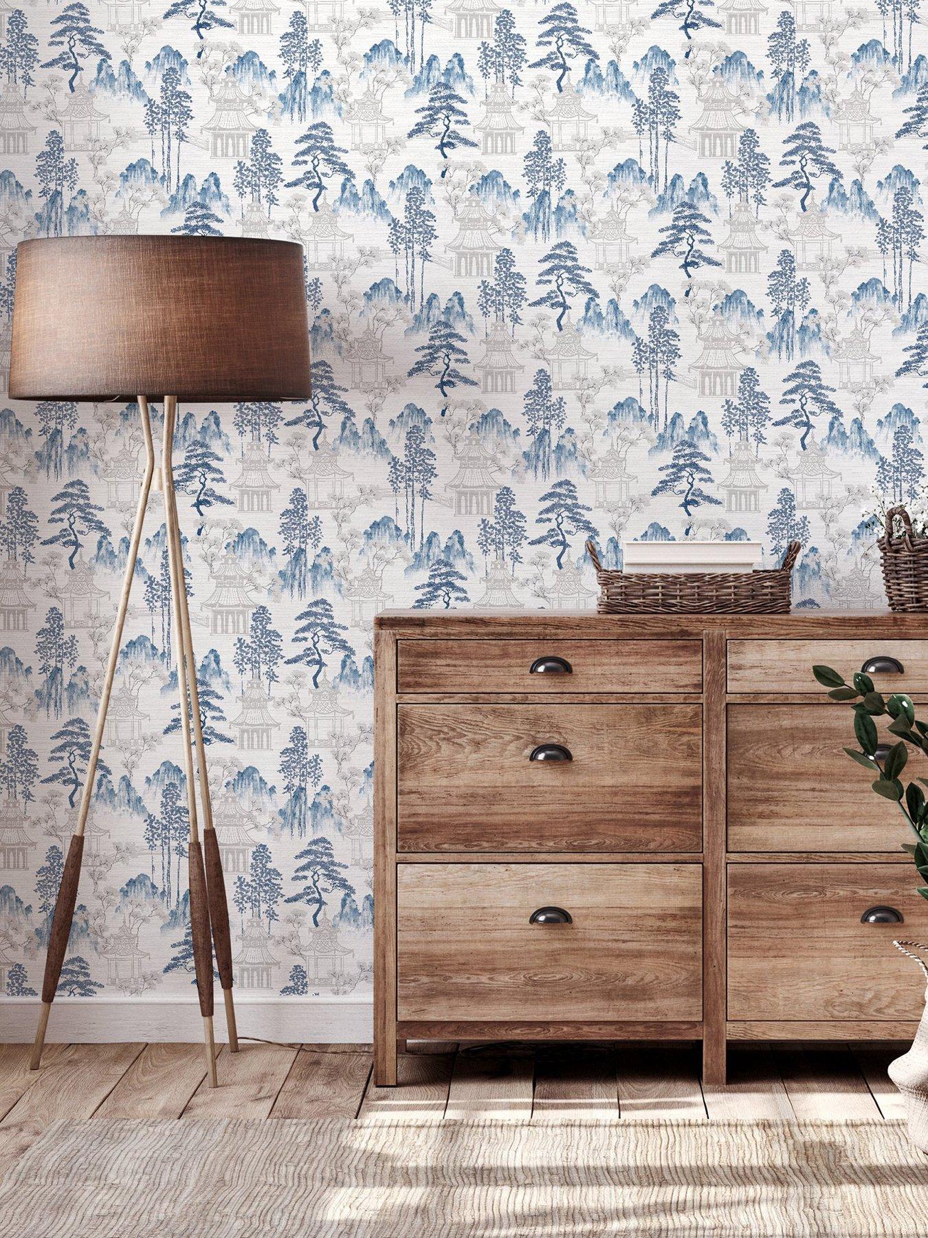 undefined Arthouse Japanese Pagoda Blue Grey Wallpaper